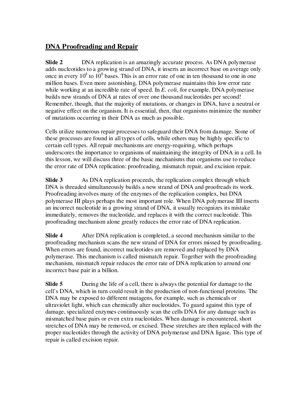 Lecture Notes on DNA Proofreading and Repair | BIOL 115 - Docsity