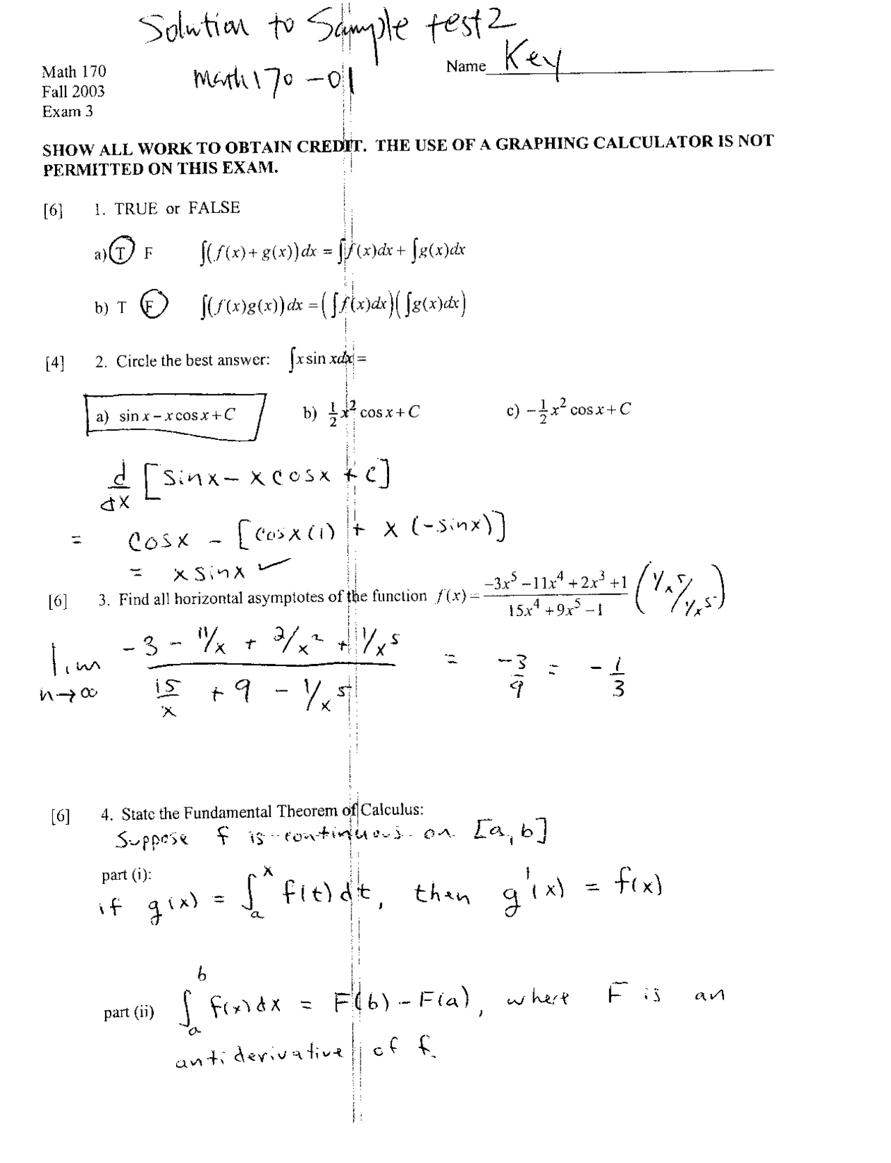 Solution To Sample Test 2 Analytic Geometry And Calculus I Math 170 Docsity