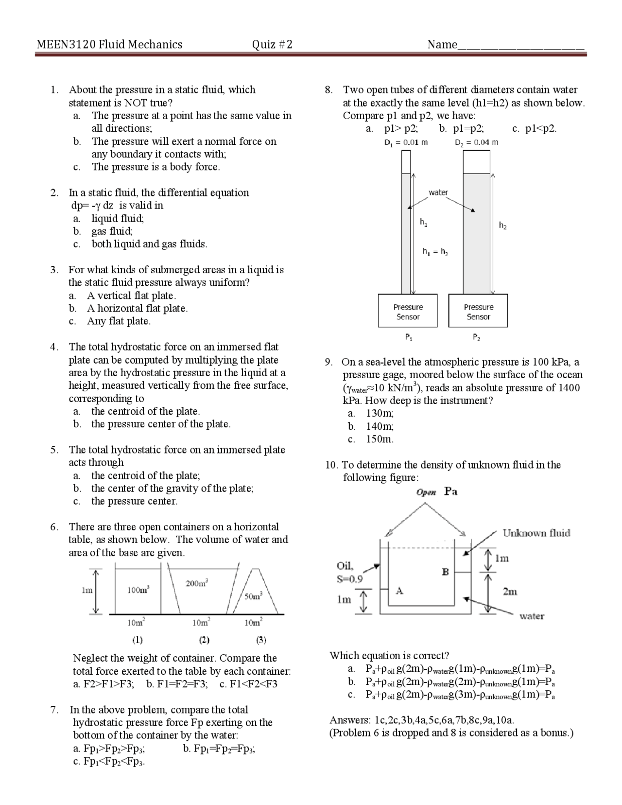 10 Solved Problems on Fluid Mechanics Quiz 2 MEEN 3120 Docsity