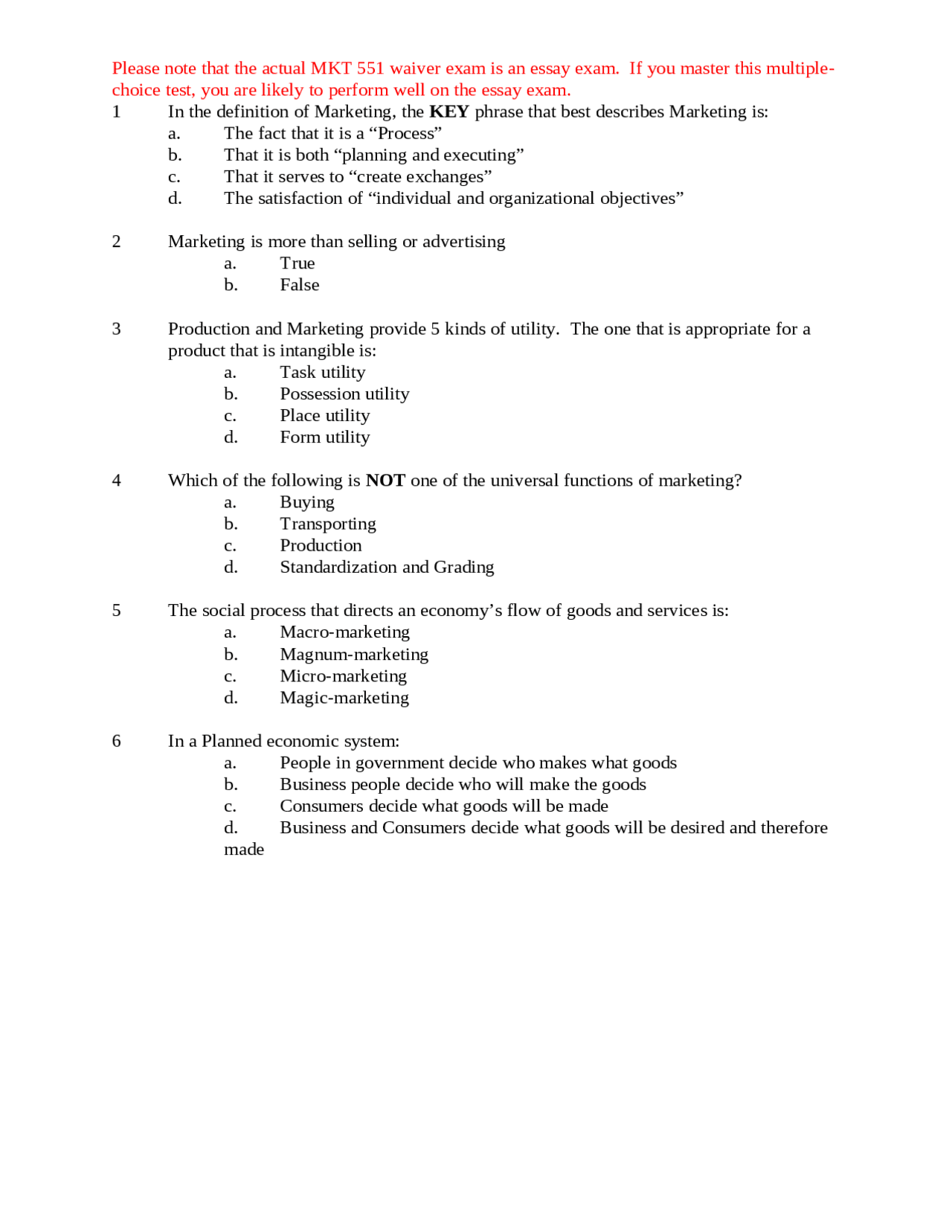 Multiple Choice Questions with Answers - Marketing Management - Exam 1 ...