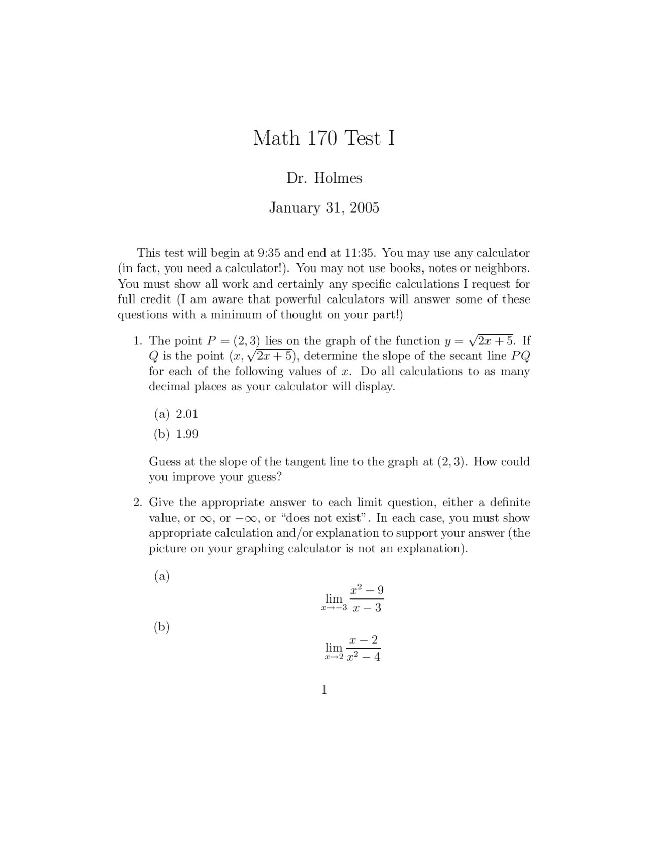 8 Questions on Calculus I - Test 1 | MATH 170 - Docsity