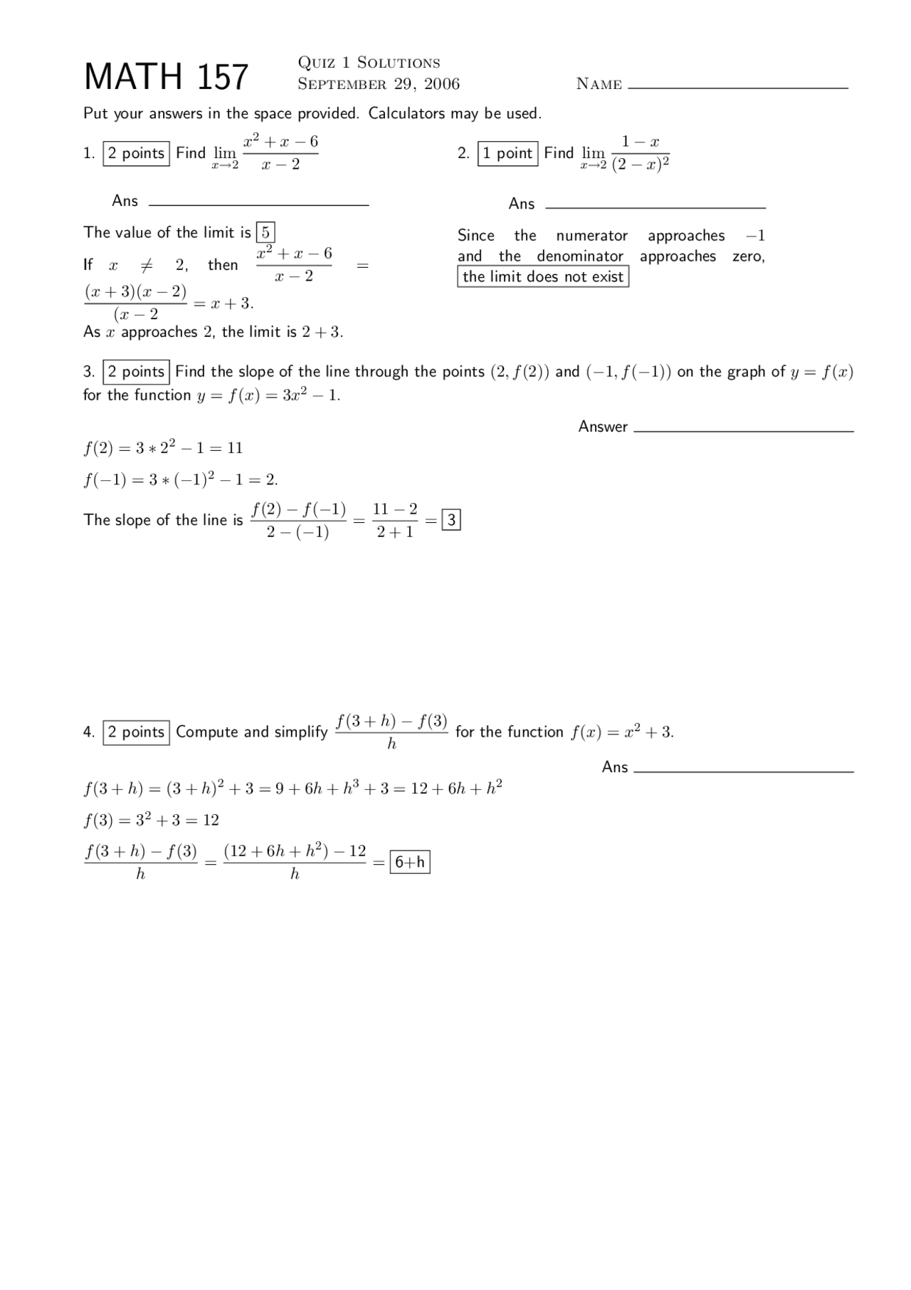 Quiz 1 with Solution - Calculus With Applications to Business and ...