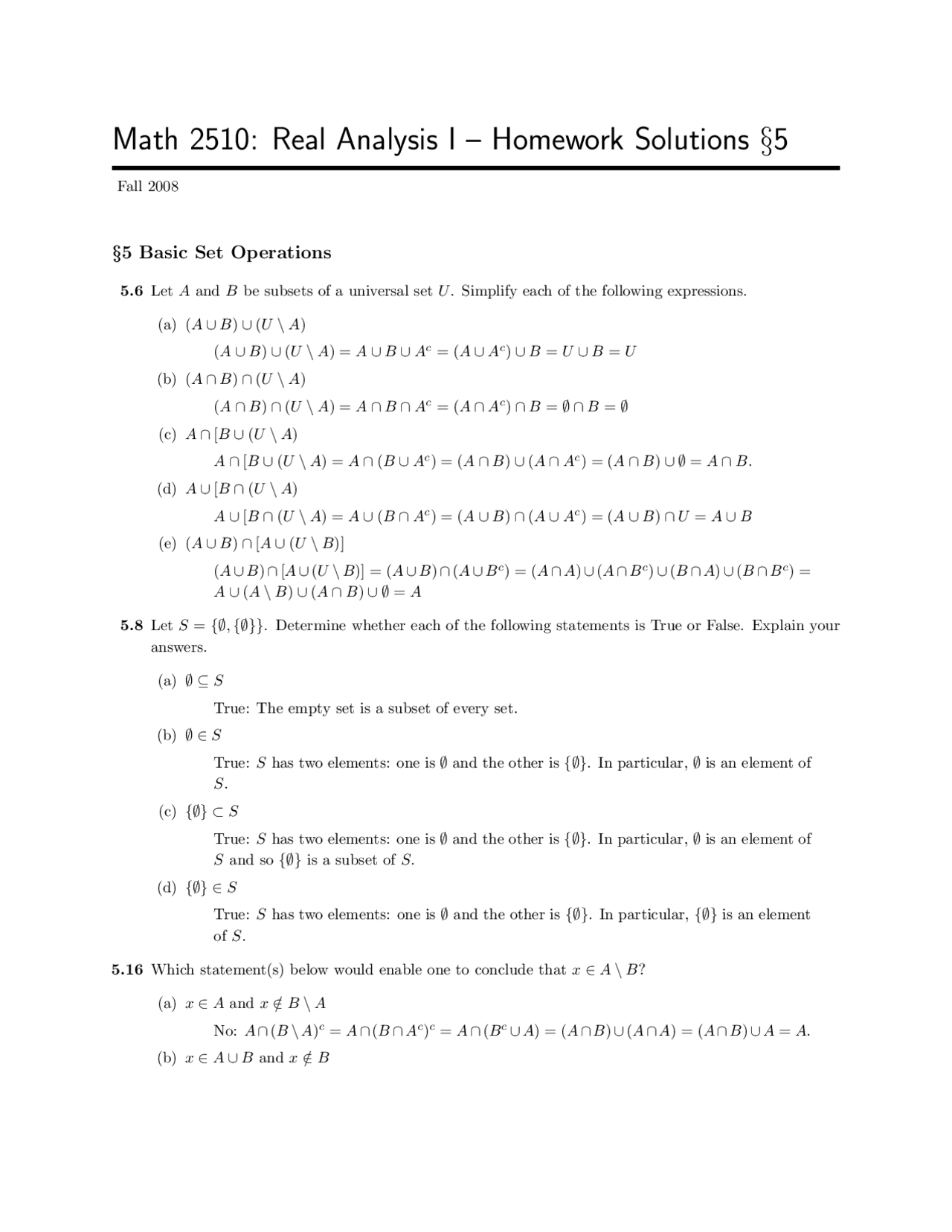 An Introduction to Basic set Operations Homework MATH 2510 Docsity