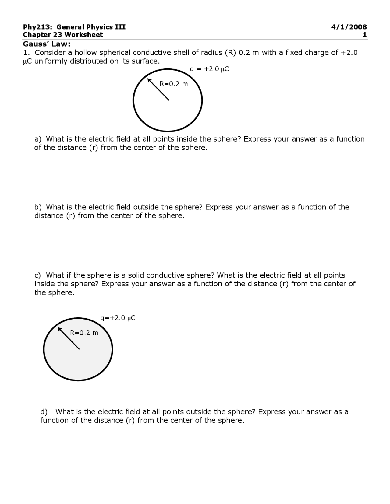 Gauss Law Final Exam - General Physics | PHY 213 - Docsity