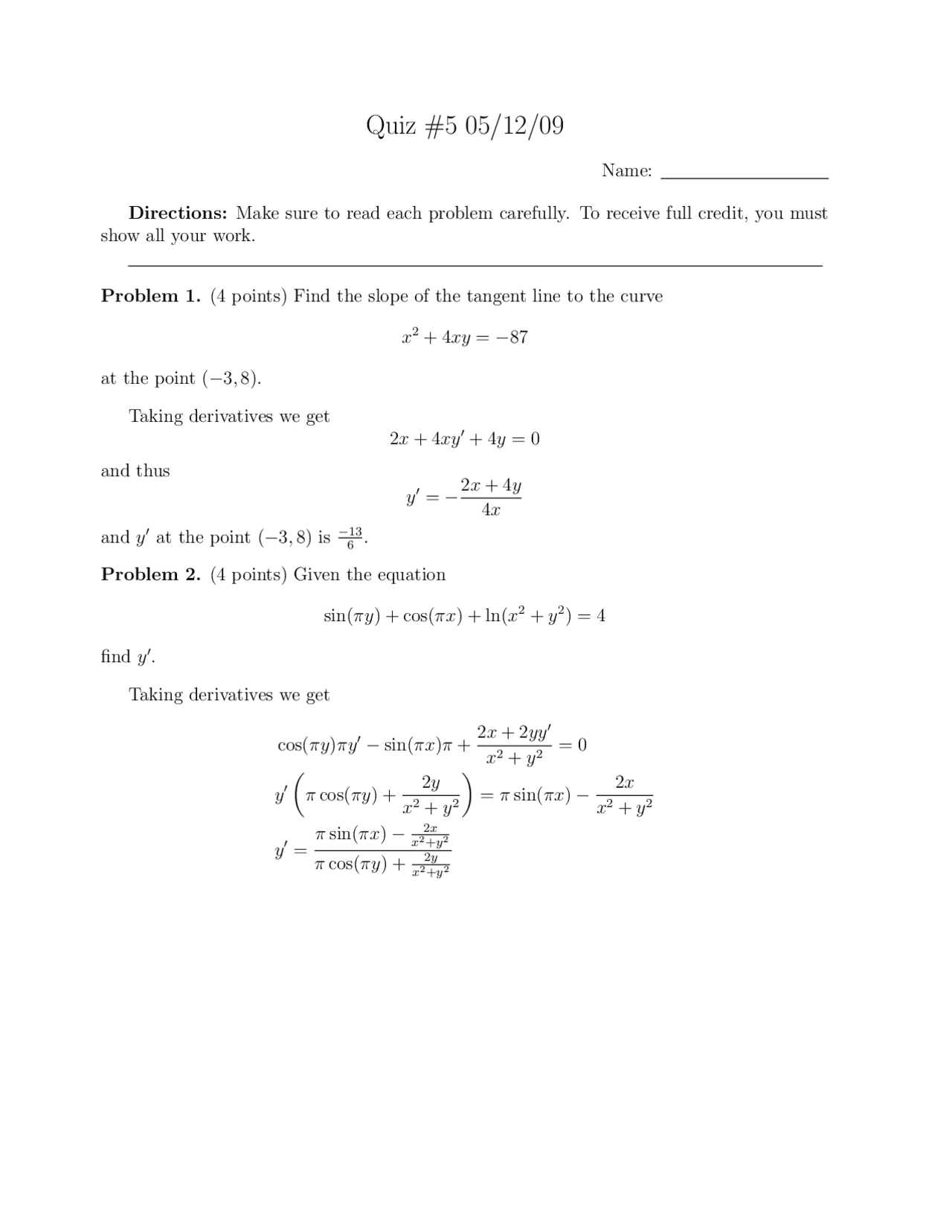 Tql Math Test Math Quiz Solutions: Tangent Line Slope, Trig & Logarithmic Derivatives ...