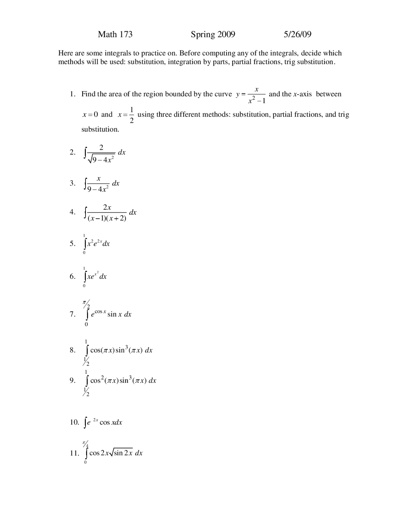 Calculus II - 11 Problems on Assignment | MATH 173 - Docsity