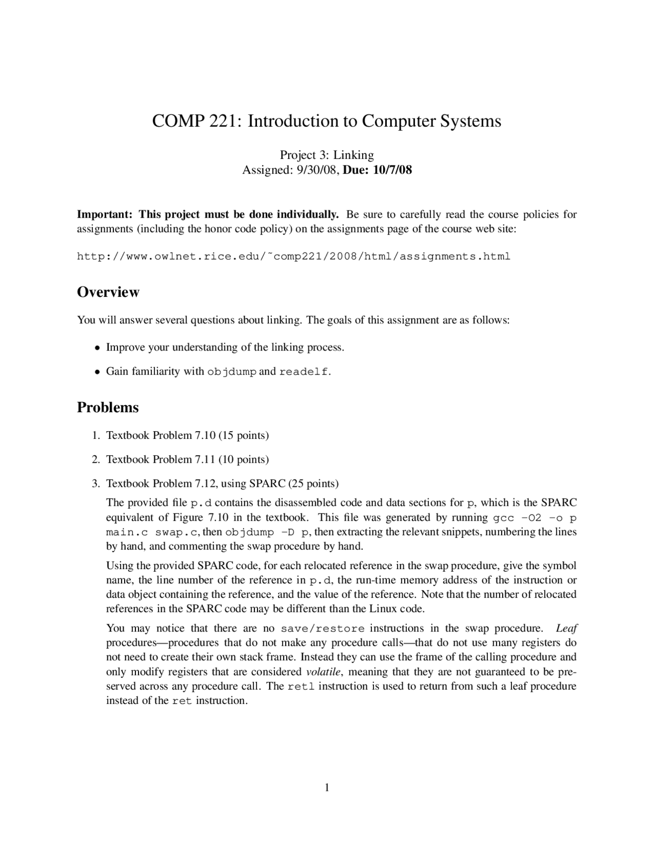 Introduction to Computer Systems in Project 3 | COMP 221 - Docsity