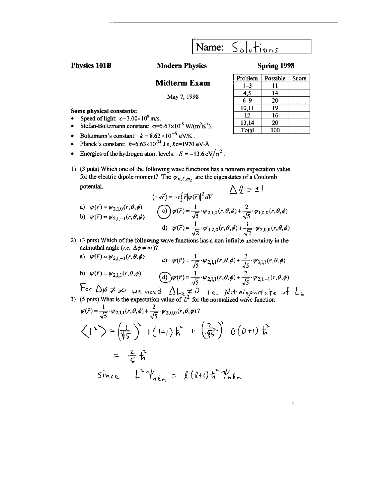 14 Solved Problems in Midterm Exam on Introduction to Modern Physics I ...