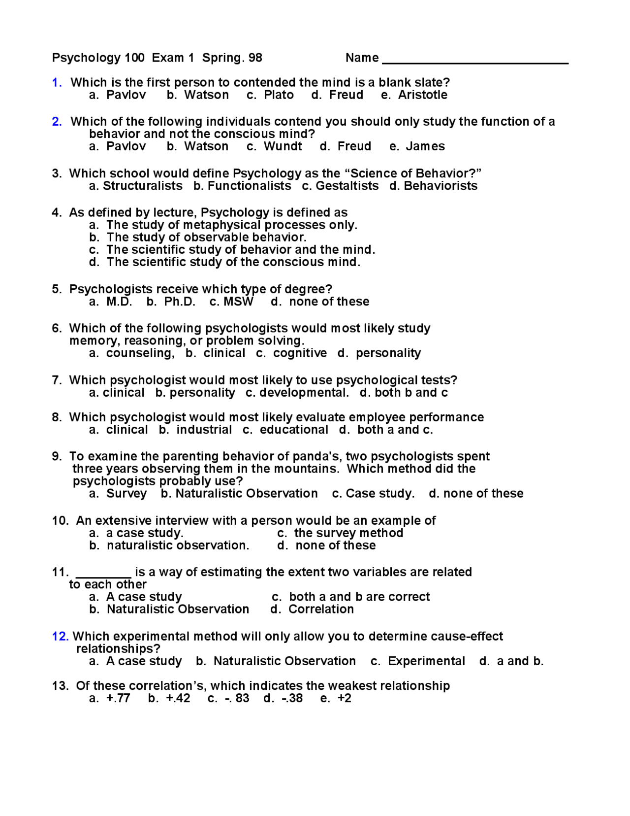 50 MCQs in Exam 1 - Introduction to Psychology - Fall 1998 | PSYC 101 ...