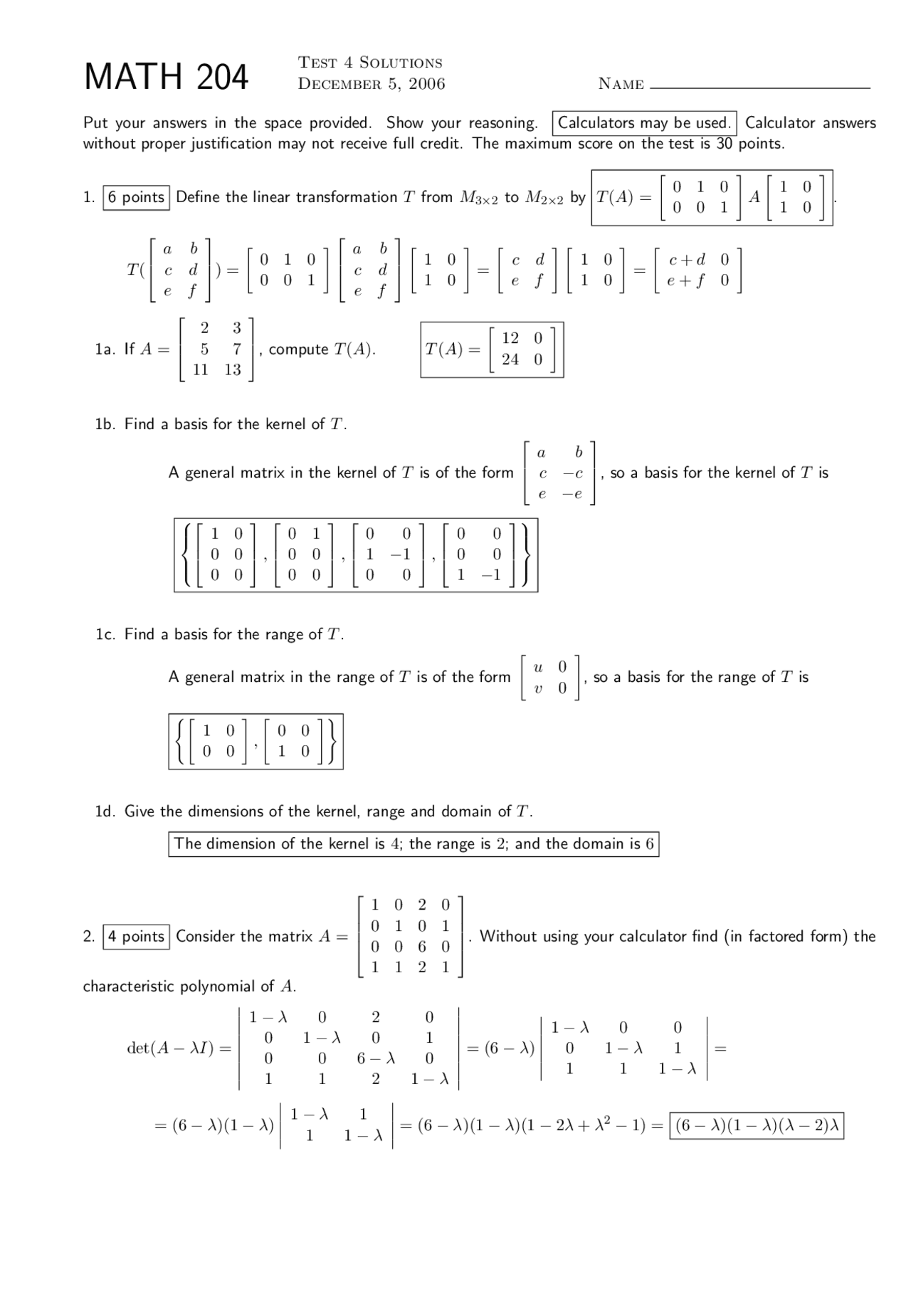 Practice Test 4 Solutions - Elementary Linear Algebra | MATH 204 - Docsity