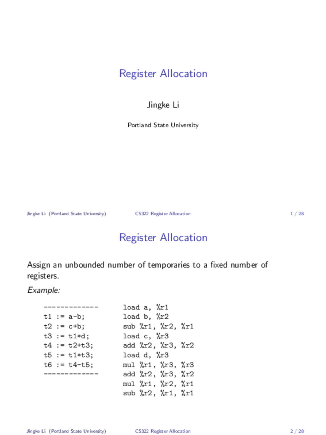 Register Allocation - Languages and Compiler Design I | CS 322 - Docsity