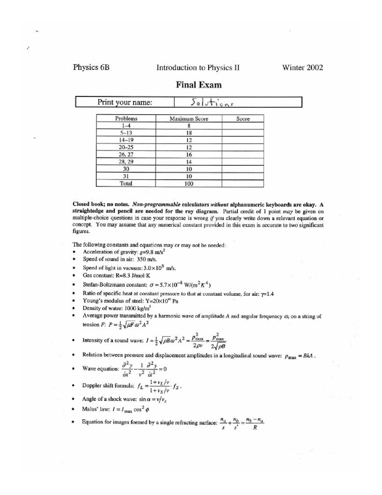31 Solved Problems on Introductory Physics I - Final Exam | PHYS 6 ...