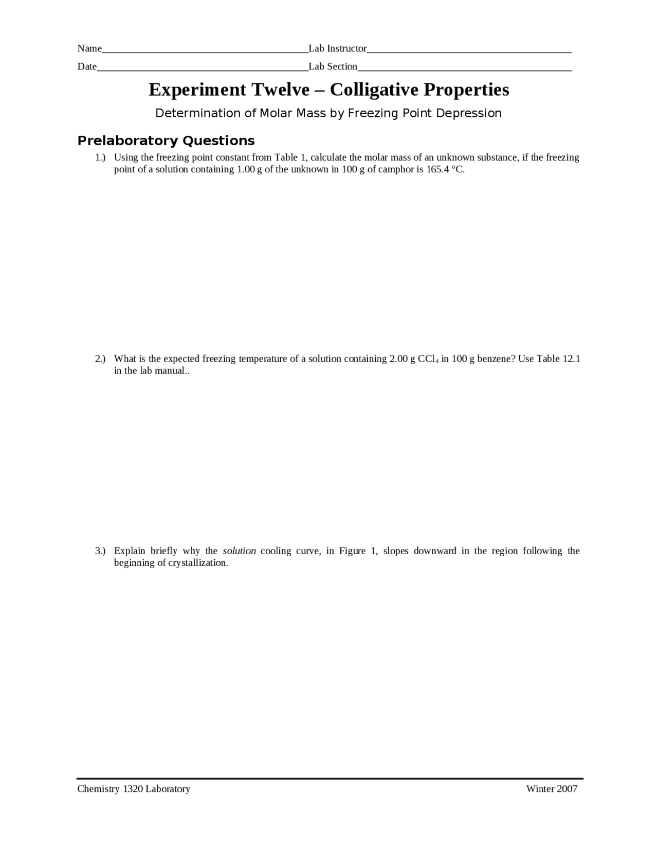 Chem Lab Questions Pre Laboratory Questions on General Chemistry II with Lab | CHEM 1320 ...
