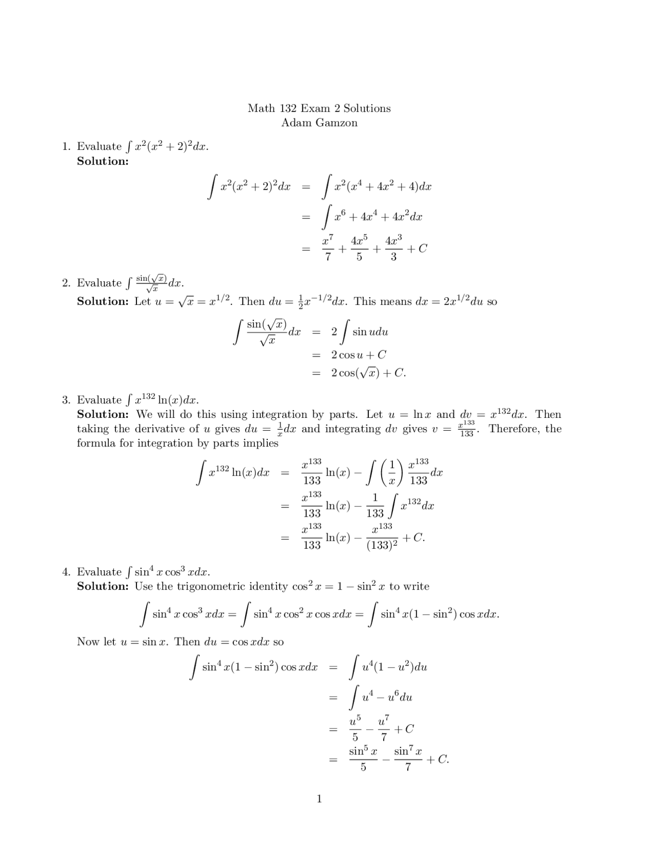 Exam 2 with Solution for Calculus II | MATH 132 - Docsity