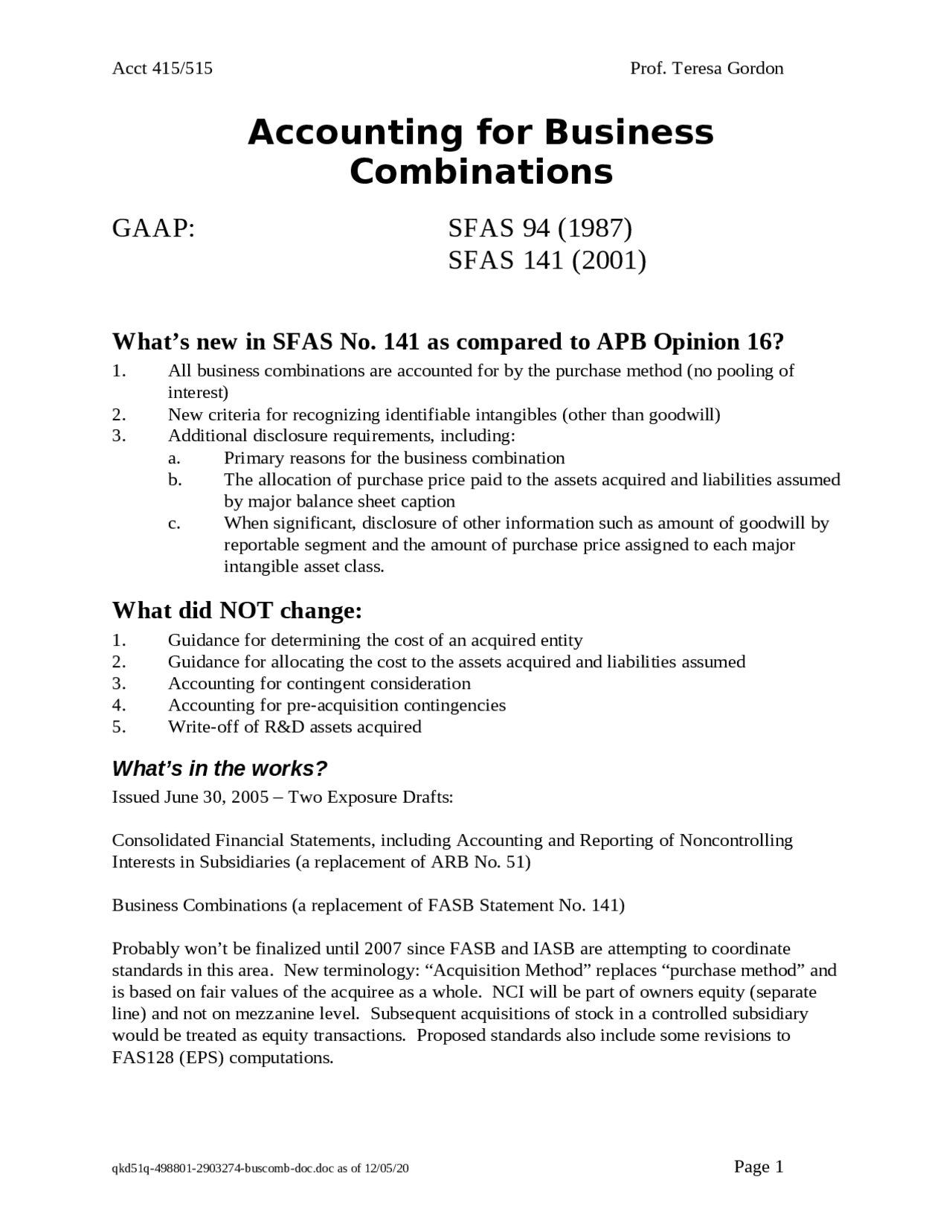 Notes on Accounting for Business Combination | ACCT 415 - Docsity