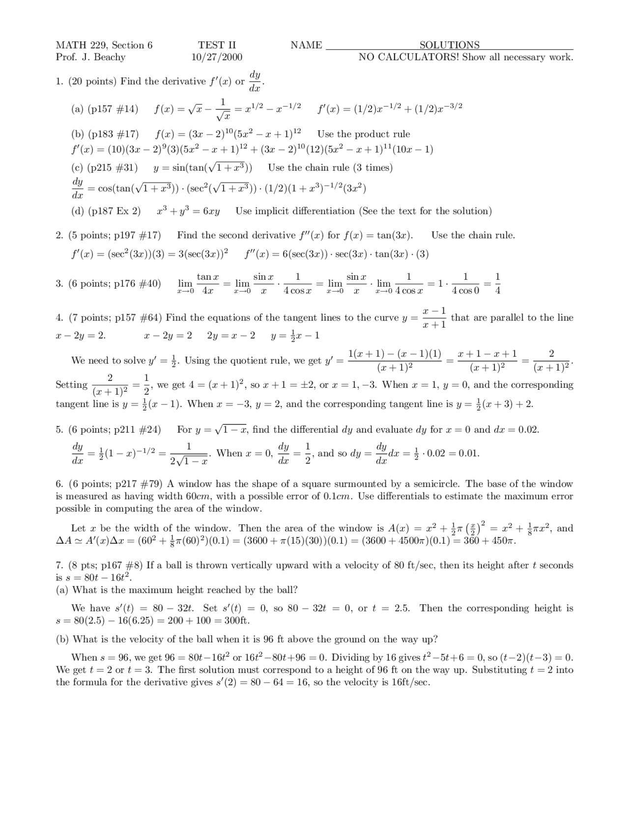 Calc 22 Problem Exam 2 Problems with Solutions - Calculus I | MATH 229 - Docsity