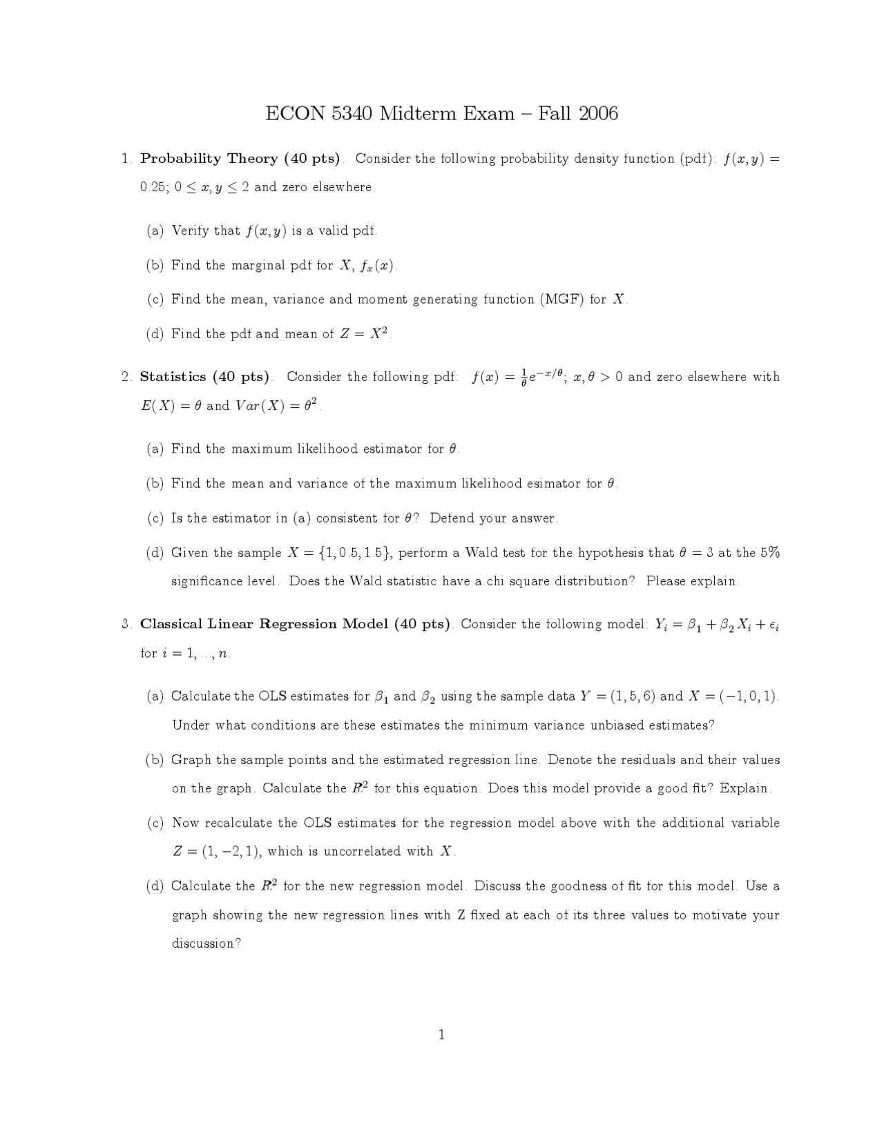Midterm Exam Questions For Advanced Econometric Theory Econ 5350 Docsity