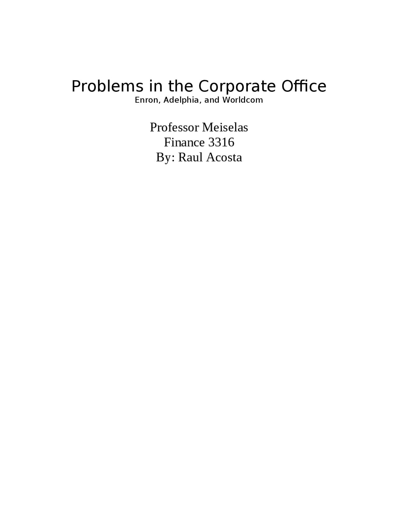 Problems in the Corporate Office - Paper | FIN 3316 - Docsity