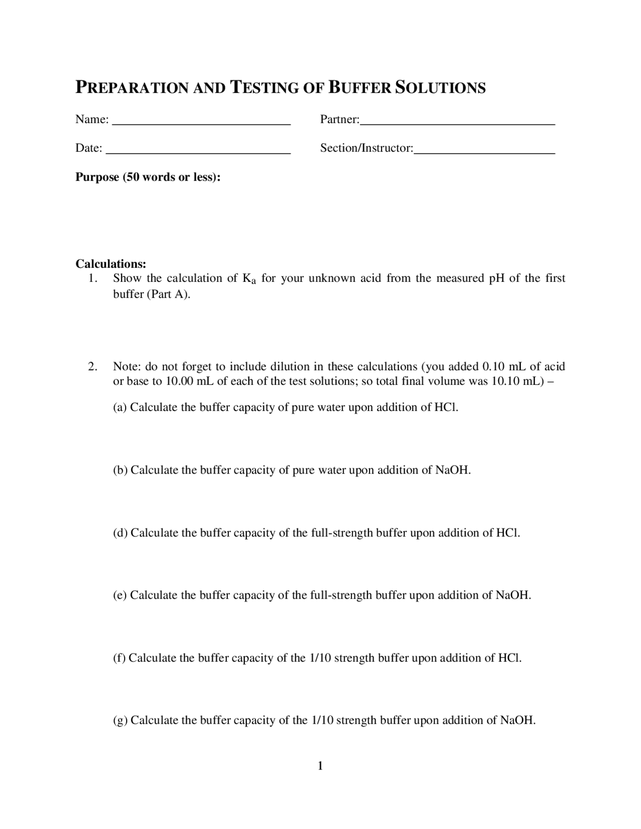 Preparation and Testing of Buffer Solutions Lab Work CHM 114 Docsity