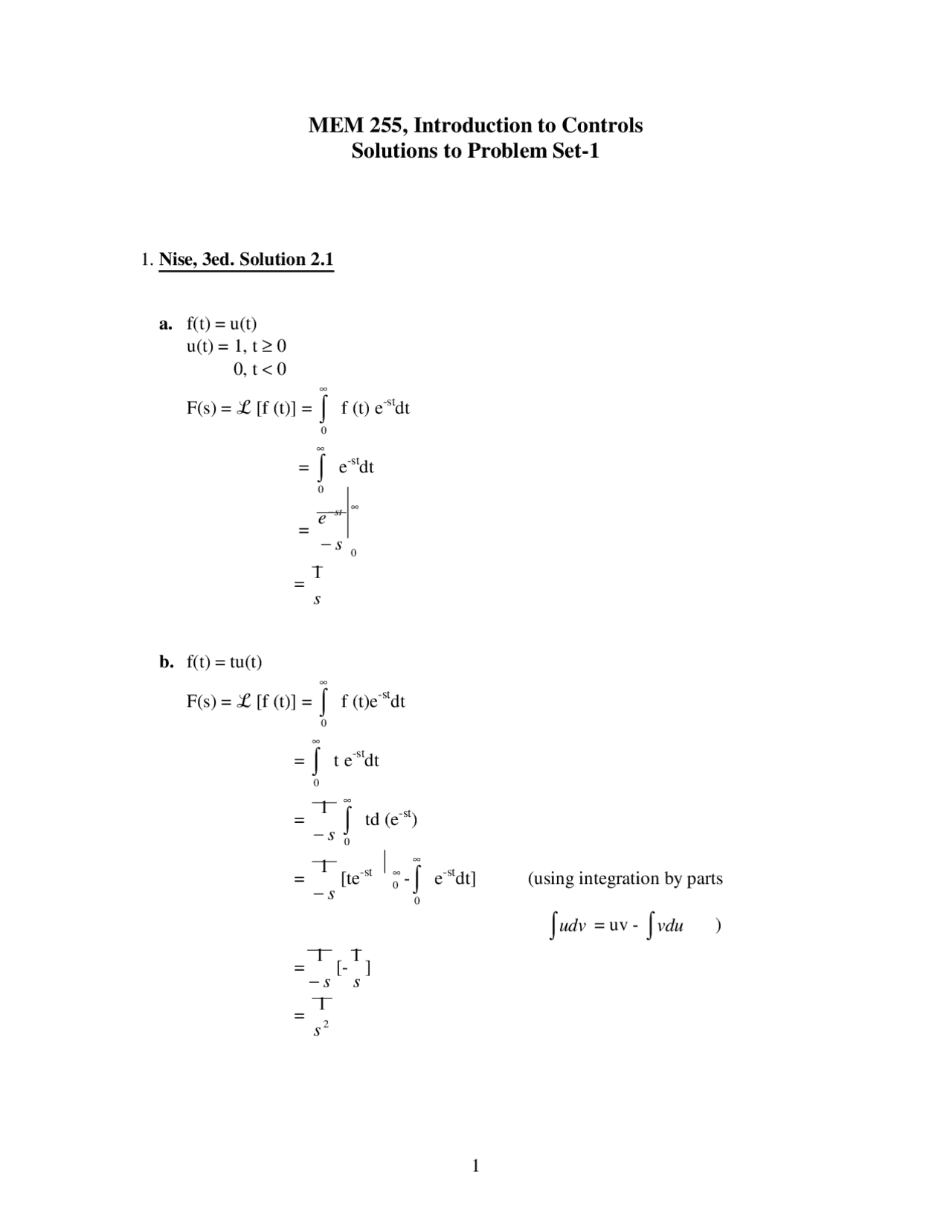 Solution to Problem Set 1 on Introduction to Controls | MEM 255 - Docsity