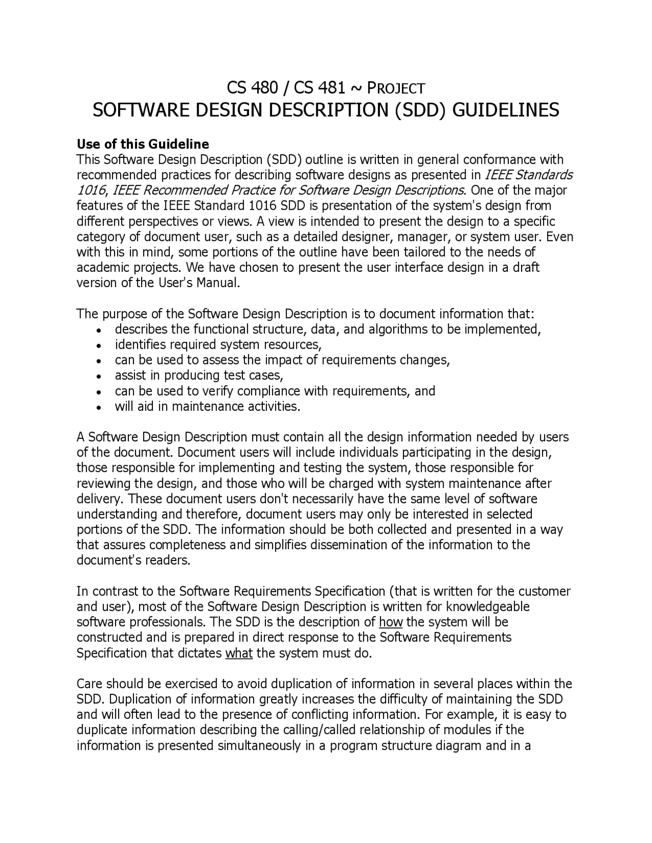 Software Description Format Software Design Description Guidelines - Project Report | CS 480 ...