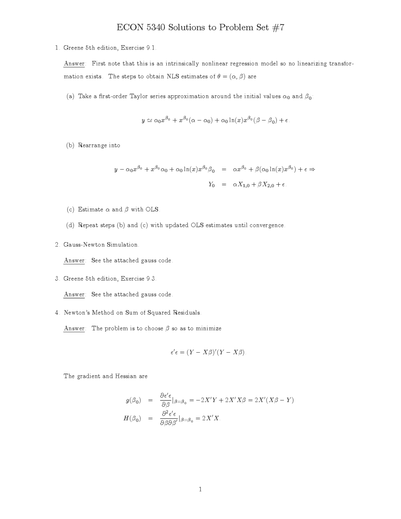 Solutions to Problem Set 7 on Applied Econometrics | ECON 5340 - Docsity