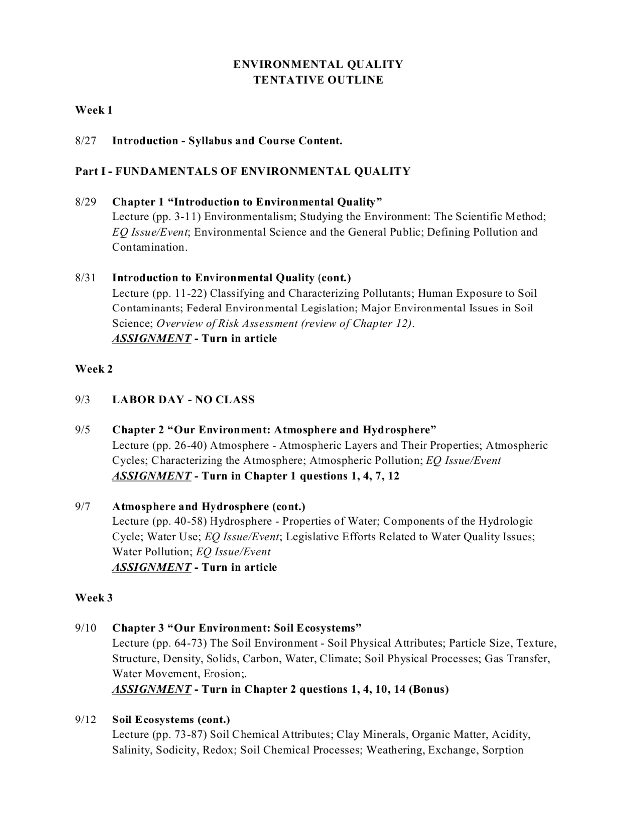 Environmental Quality Tentative Outline | SOIL 3130 - Docsity