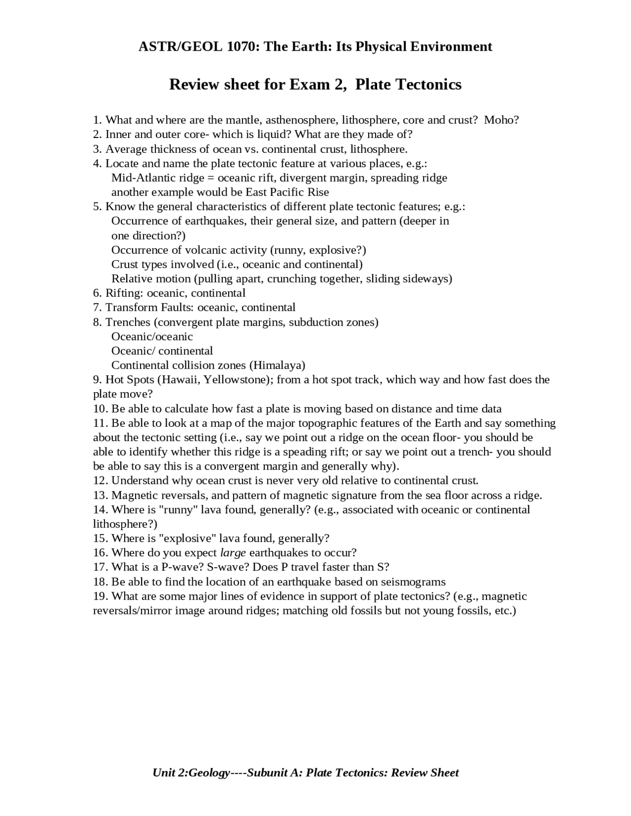Review Sheet for Exam 2, Plate Tectonic - Earth: Physical Environment ...