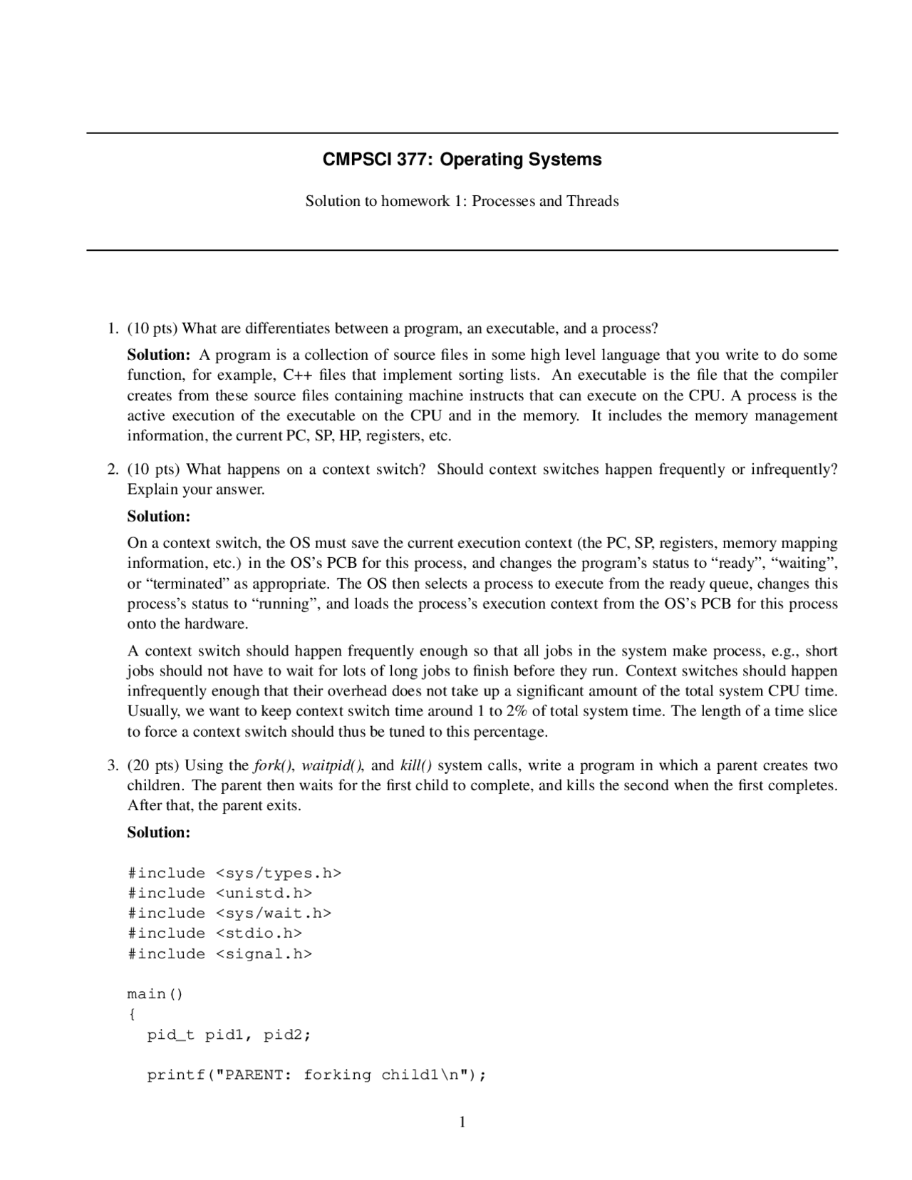 Assignment 1 Solutions - Operating Systems | CMPSCI 377 - Docsity