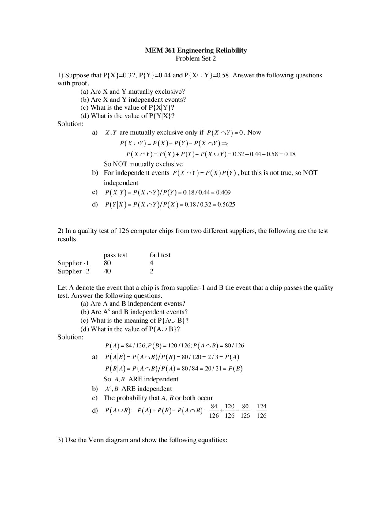 Reliability Engineering Failure Questions 5 Solved Problems on Engineering Reliability - Assignment 2 | MEM 361 ...