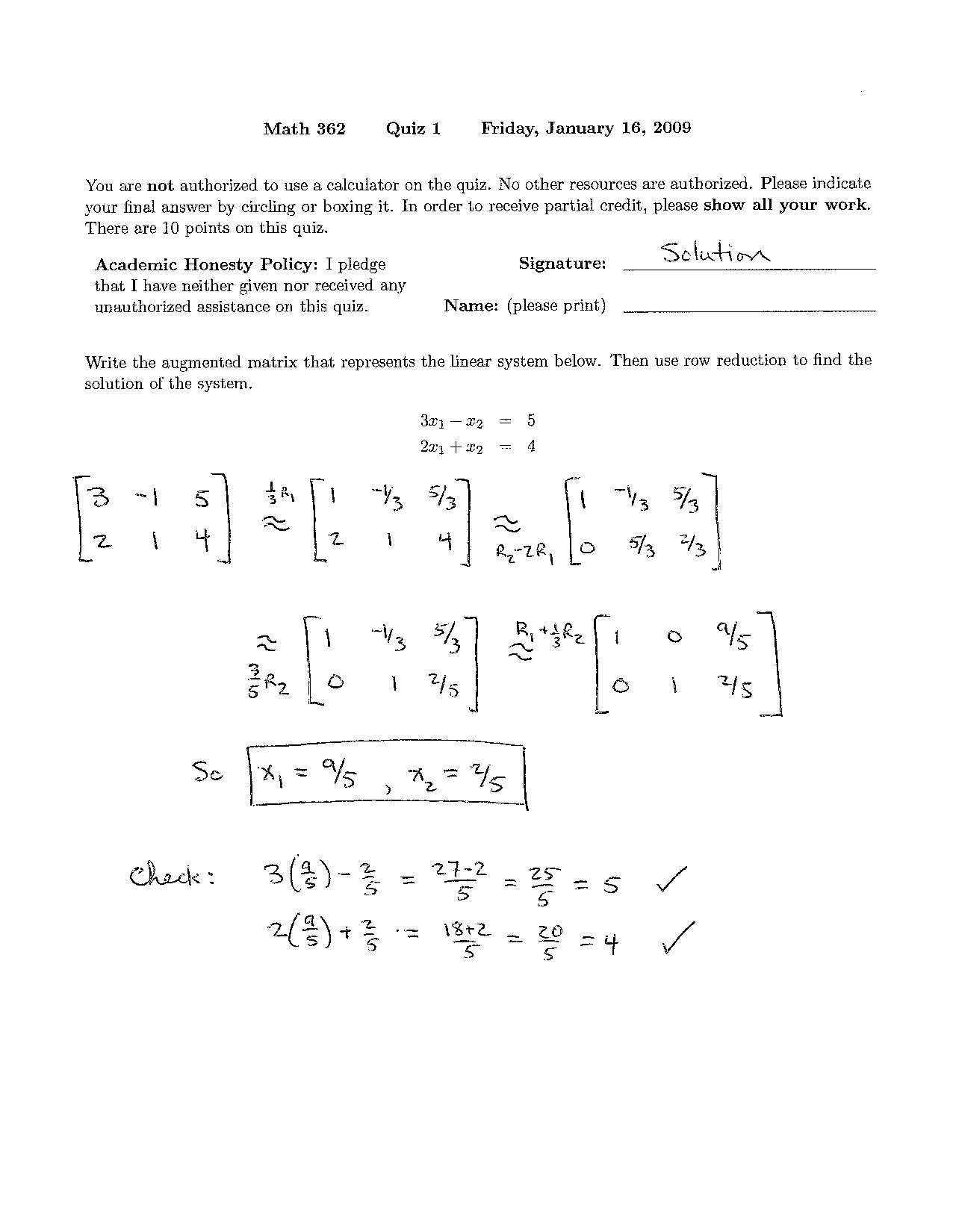 Quiz I Solutions - Introduction Linear Algebra | MATH 362 - Docsity