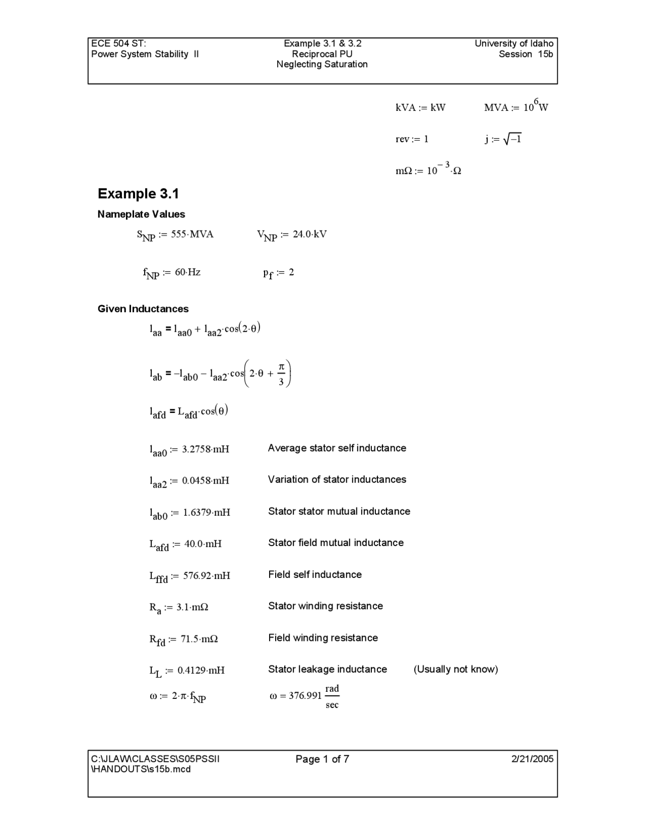 Nameplate Values Examples - Lecture Notes | ECE 504 - Docsity