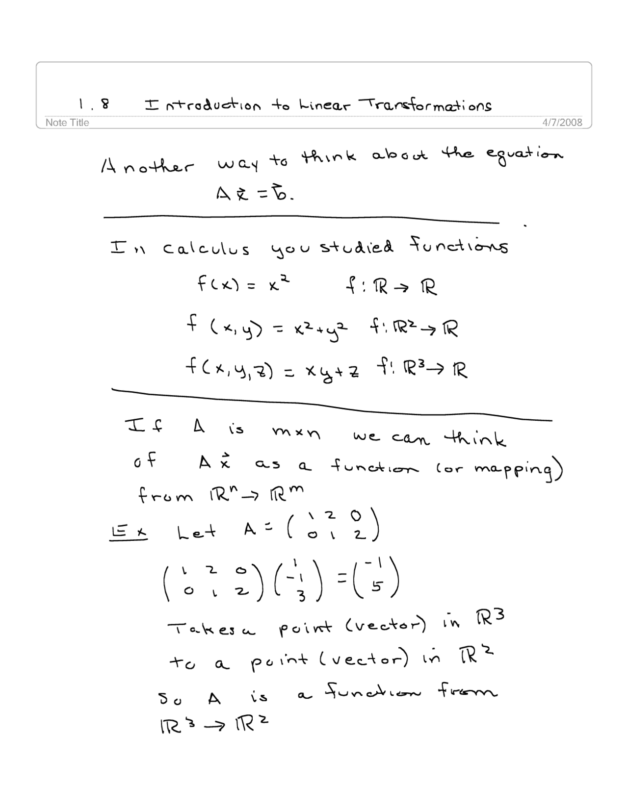Introduction to Linear Transformations – Handwritten Notes | MATH 221 |  Study notes Discrete Mathematics | Docsity