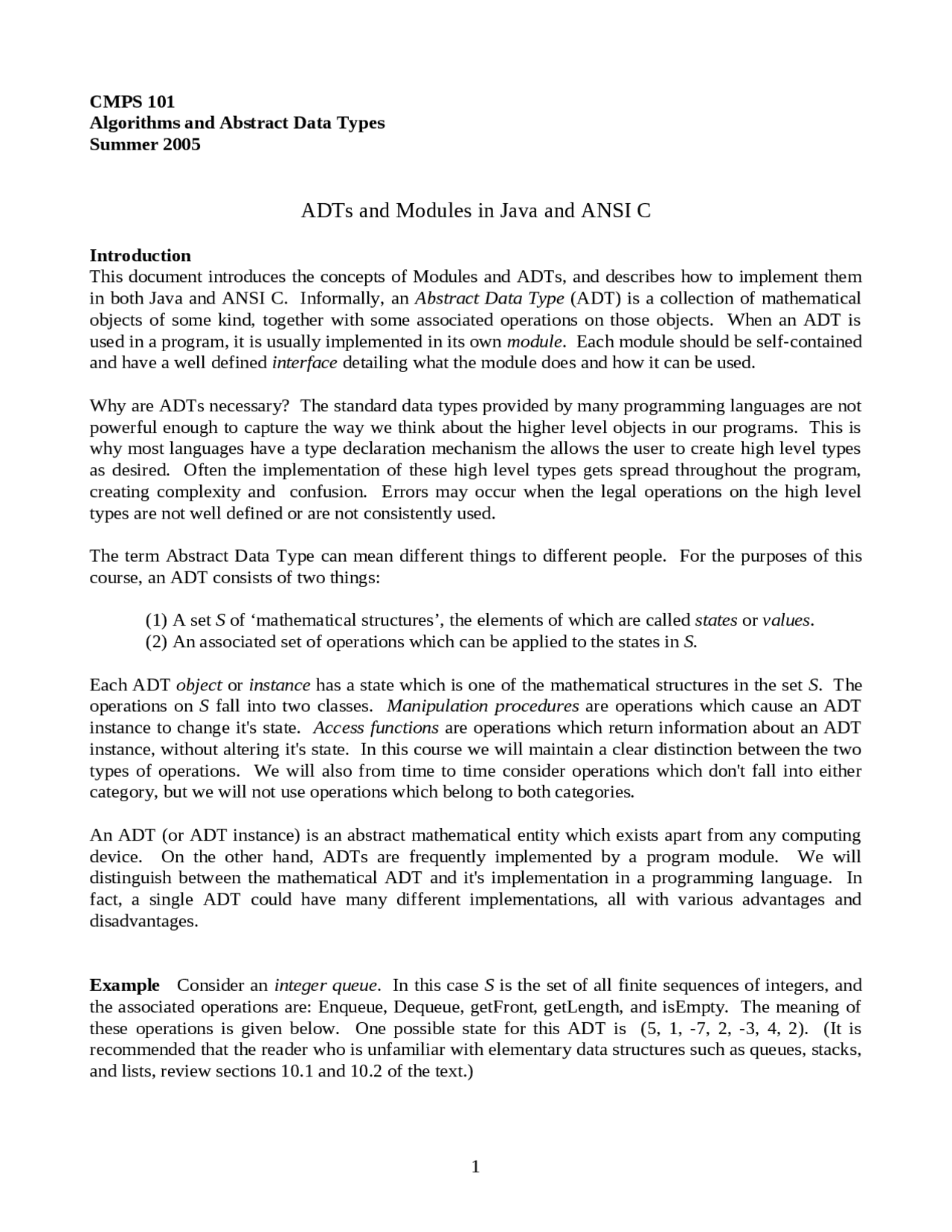 ADTs and Modules in Java and ANSI C | CMPS 101 | Papers Computer ...