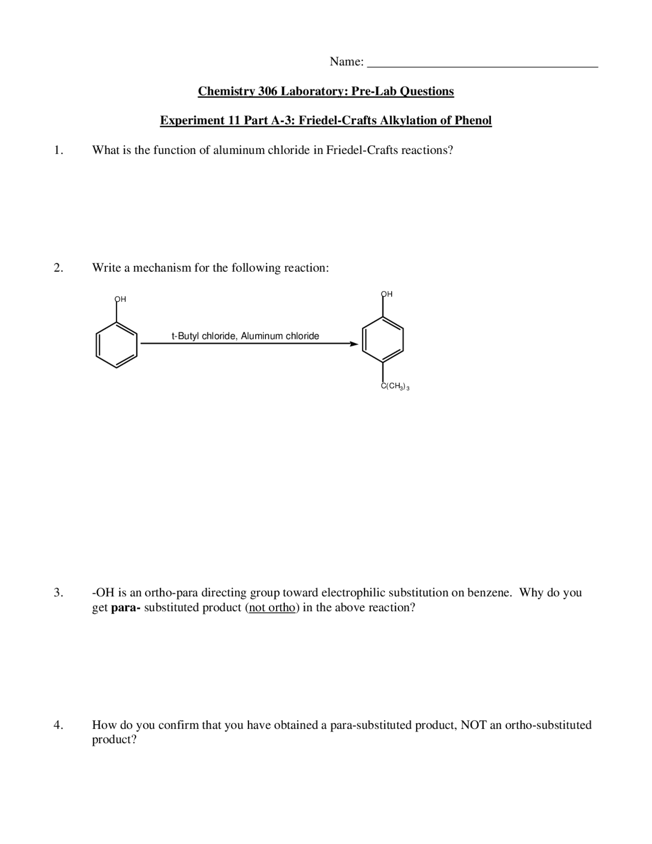FriedelCrafts Alkylation of Phenol Experiment 11 Part A3 CHEM 306