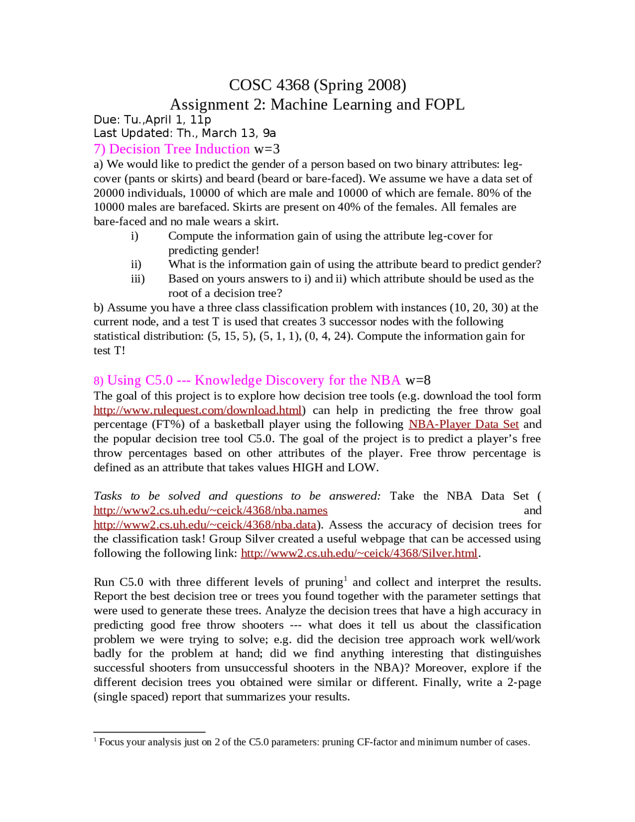 Machine Learning and FOPL - Assignment 2 | COSC 4368 - Docsity