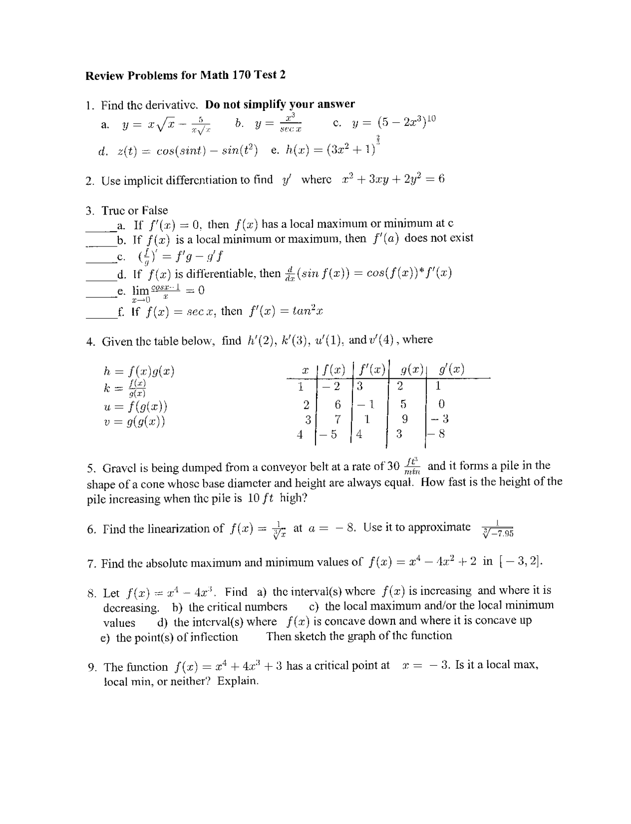 Test 2 Questions For Analytic Geometry And Calculus I Math 170 Docsity
