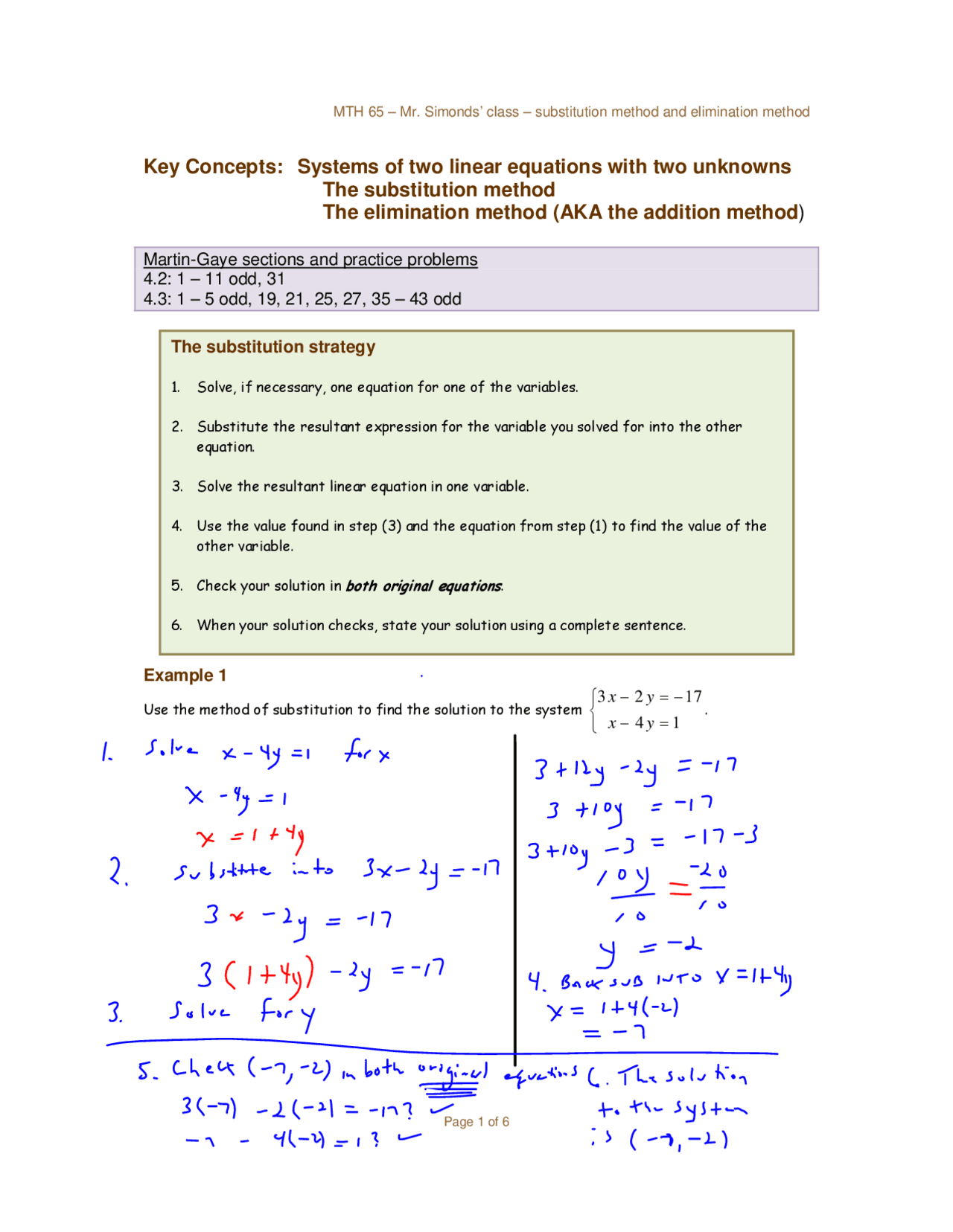 Systems of Two Linear Equations with Substitution Methods | MTH 65 ...