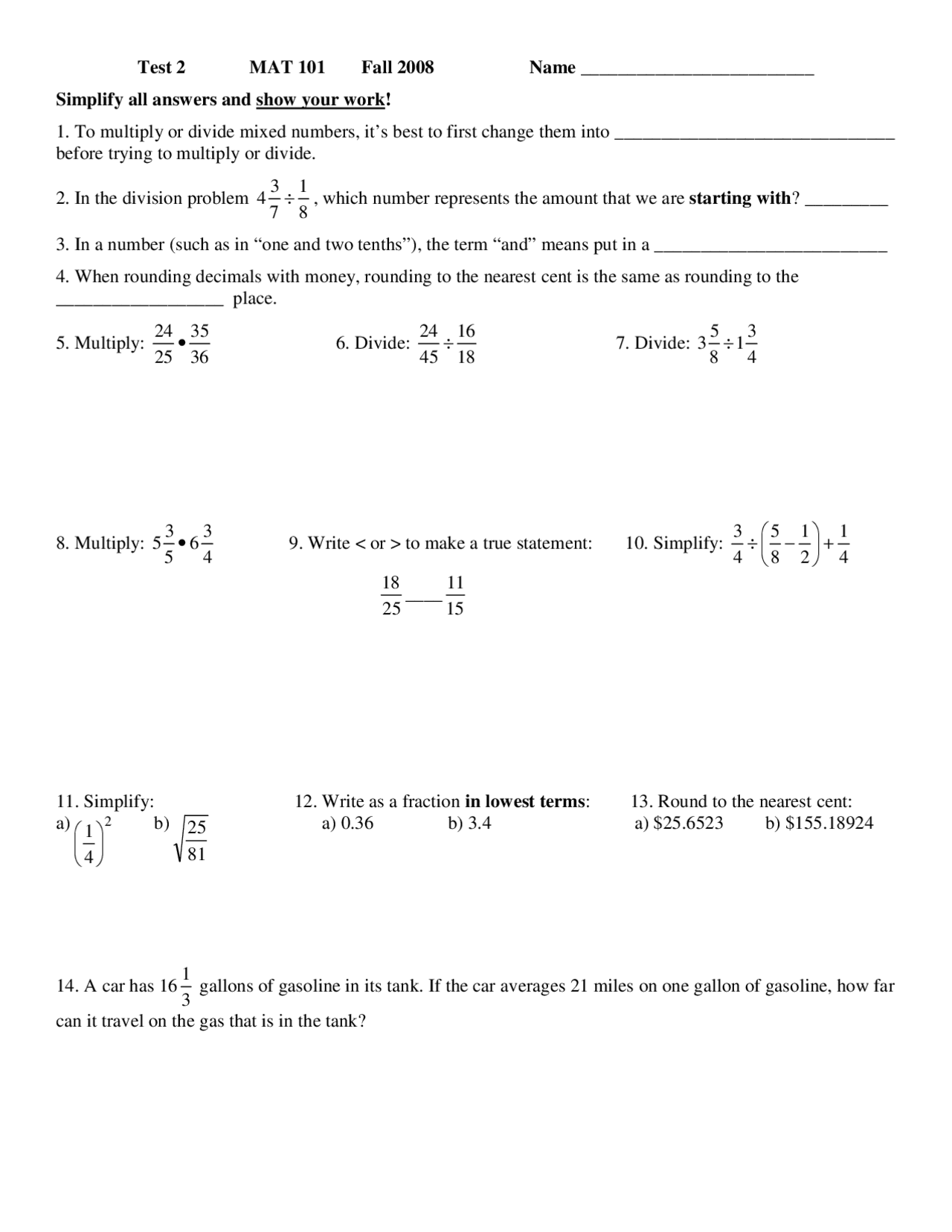 Practice Exam 2 - Fundamentals of Mathematics | MAT 1012 - Docsity