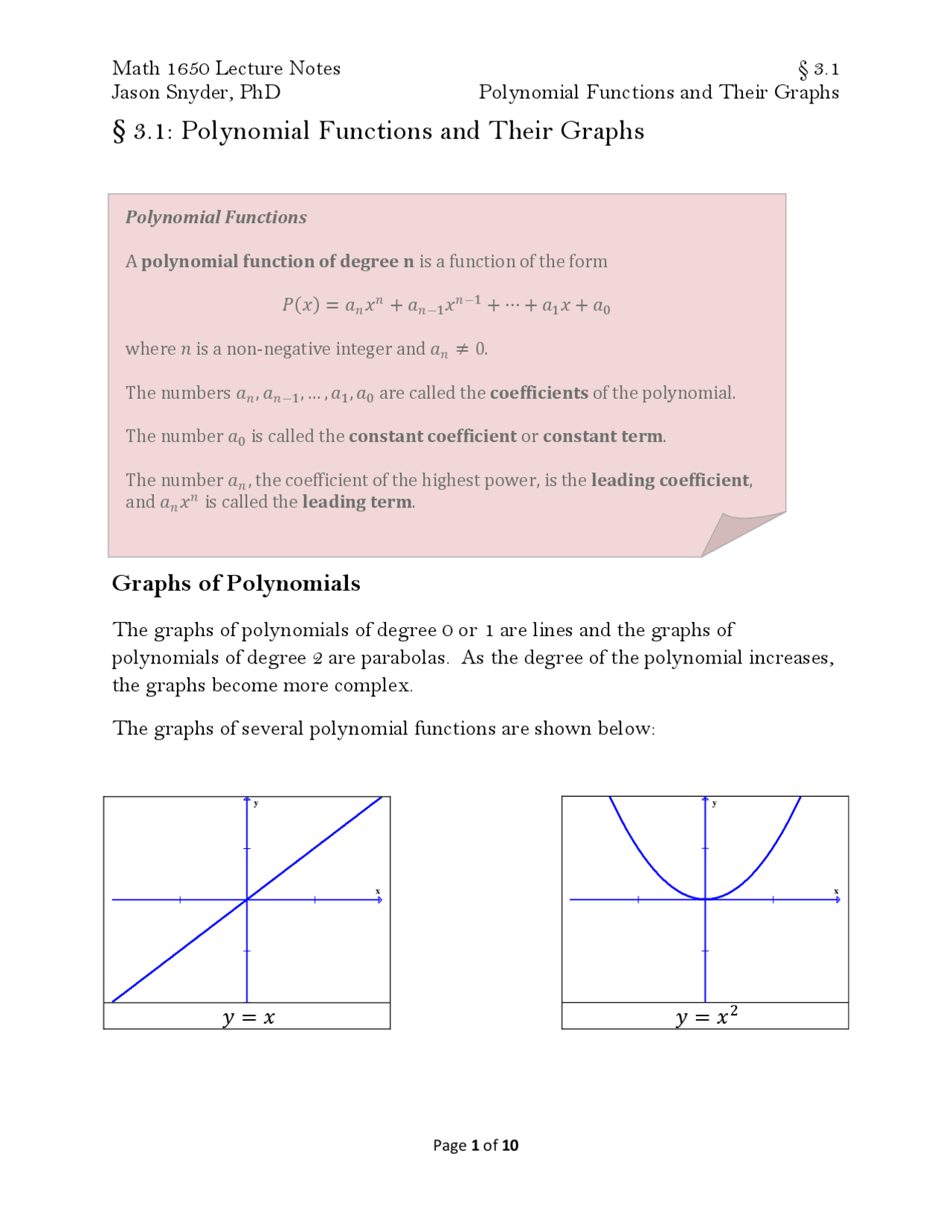 Graphing Polynomial Functions Study Guide Polynomial Functions and Their Graphs - Notes | MATH 1650 - Docsity