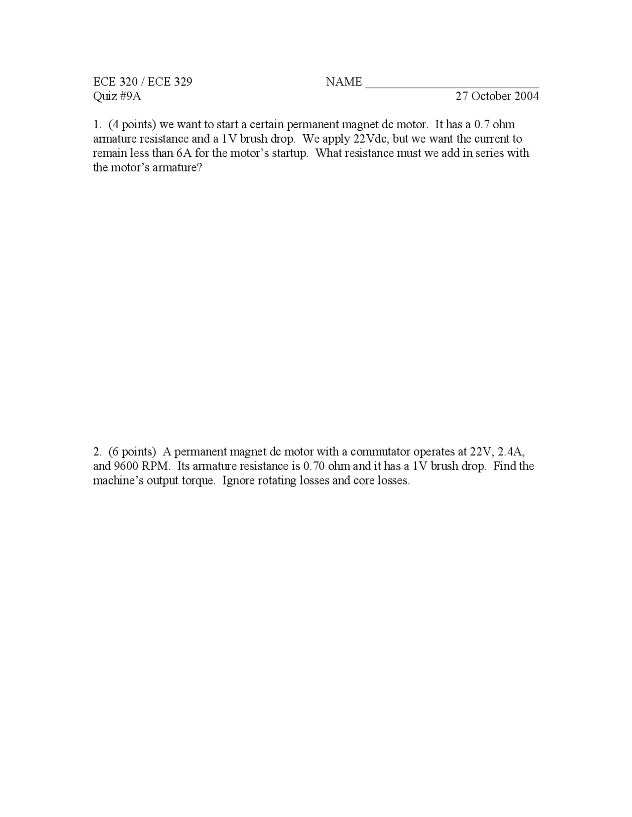Permanent DC Motor Quiz 9 ECE 320 Docsity