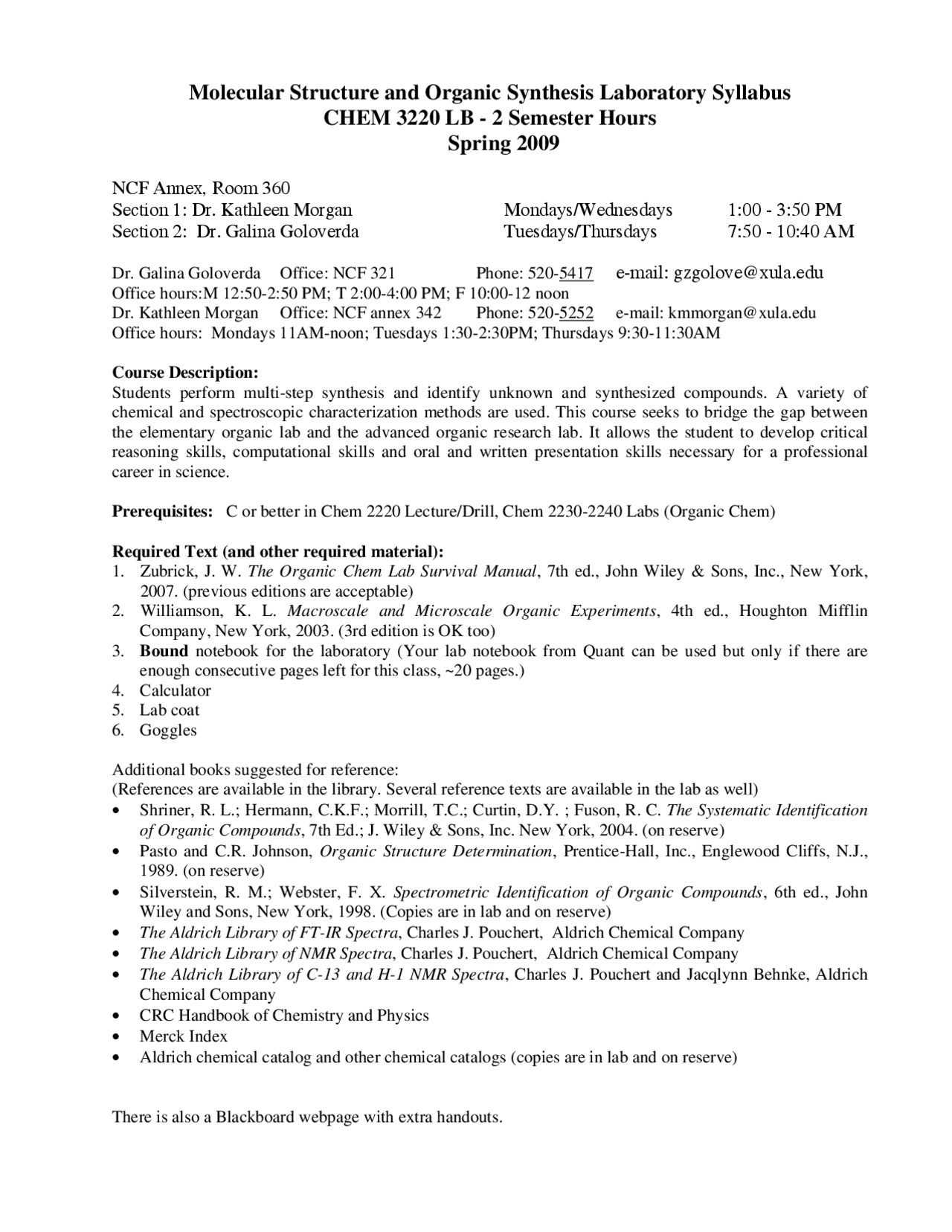 Molecular Structure and Organic Synthesis Laboratory Syllabus CHEM
