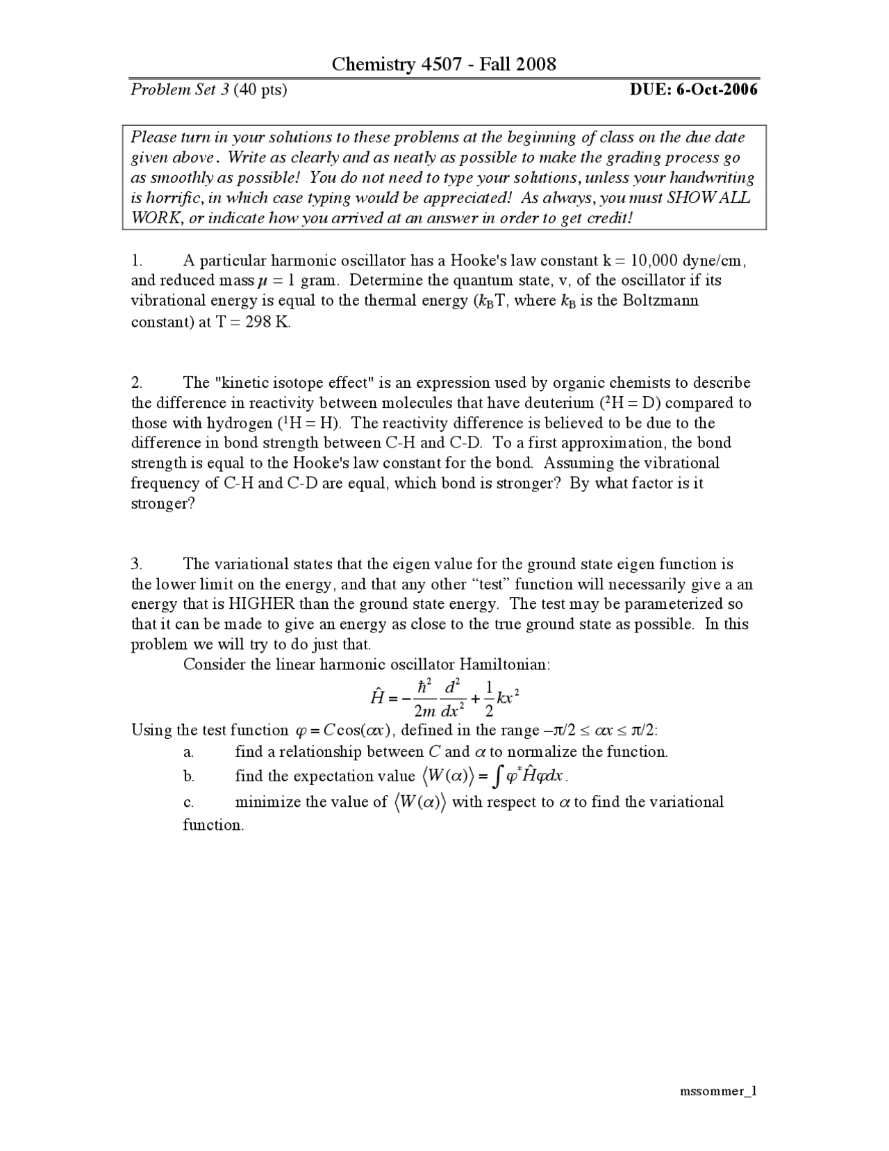 Problem Set 3 Questions - Physical Chemistry I | CHEM 4507 - Docsity