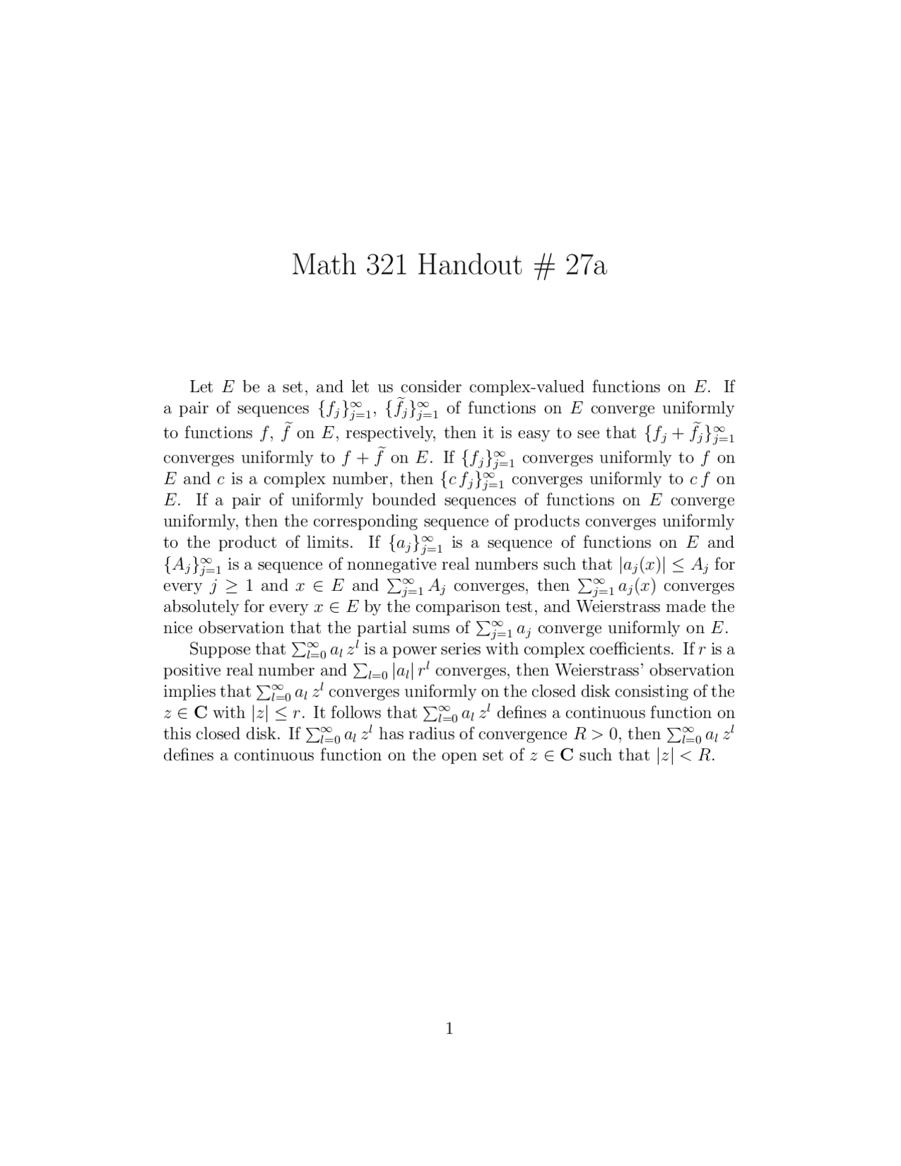 Handout 27A - Introduction to Analysis I | MATH 321 - Docsity