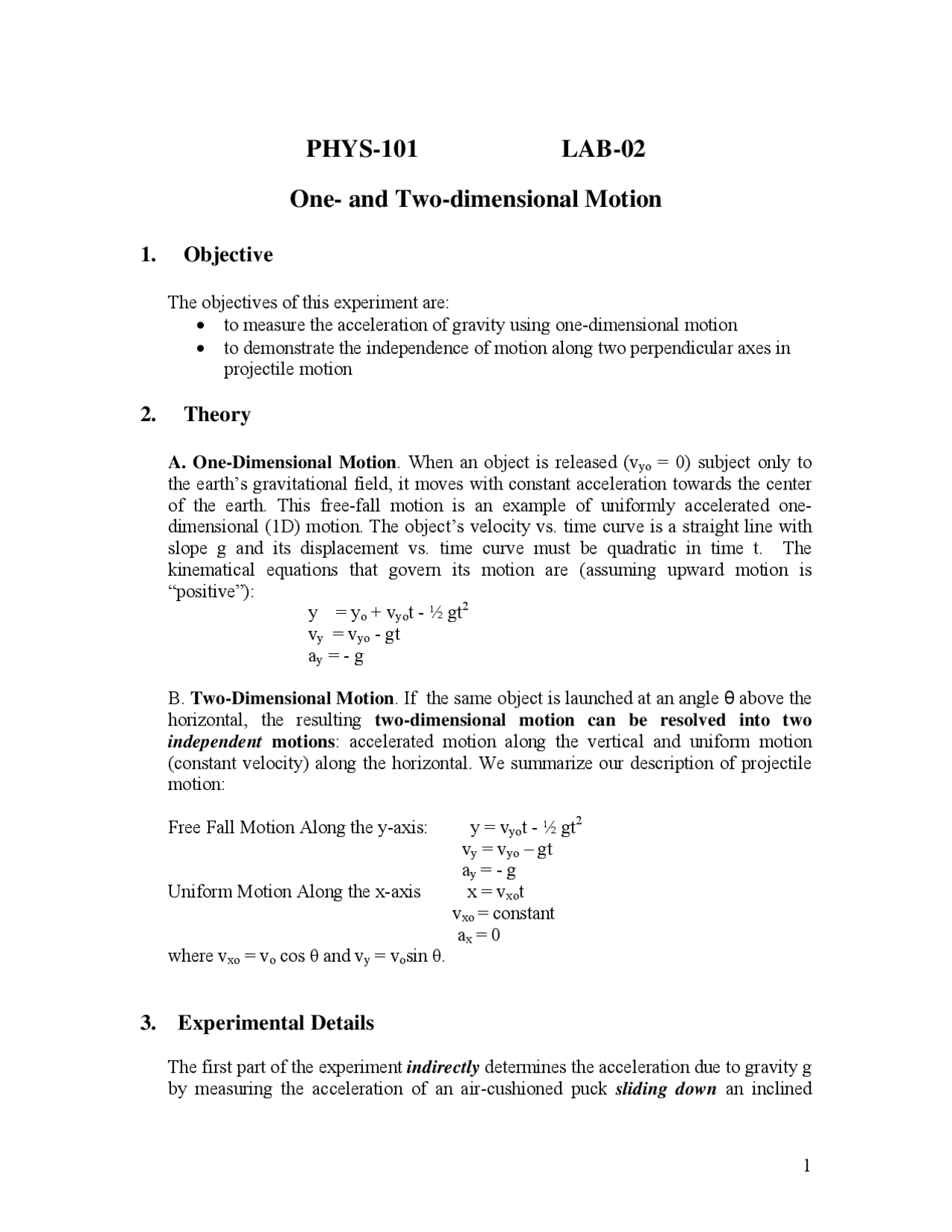 One and Two Dimensional Motion - Laboratory 2 | PHYS 101 - Docsity