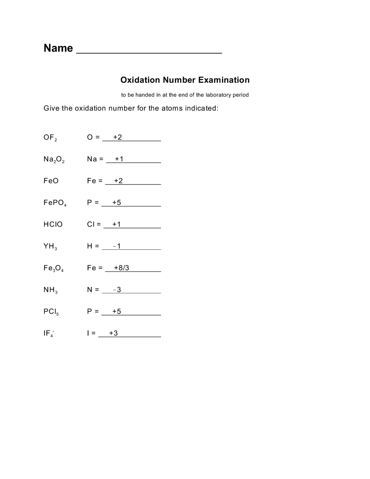 Oxidation Number Example Problems Solved Problems on Oxidation Numbers in General Chemistry I - Exam ...
