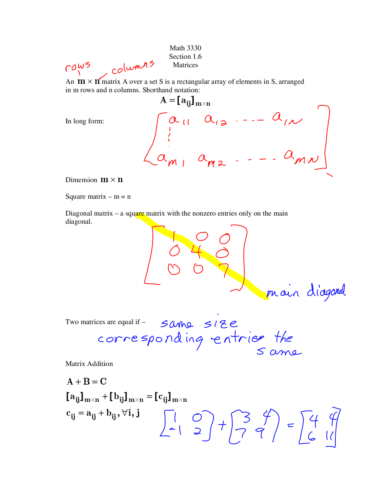 Lecture Notes on Matrices - Abstract Algebra | MATH 3330 - Docsity