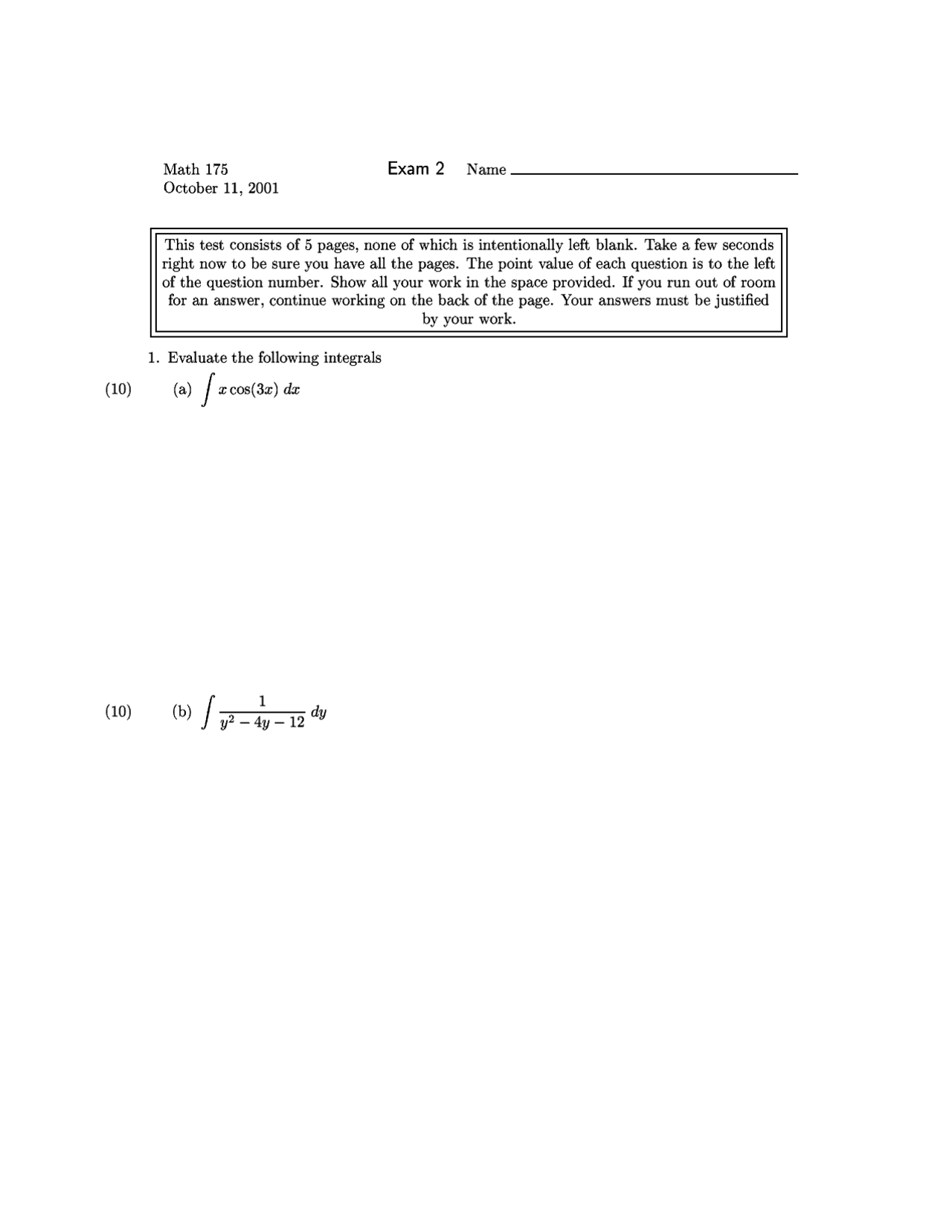 10 Questions for Exam 2 - Calculus II | MATH 175 - Docsity