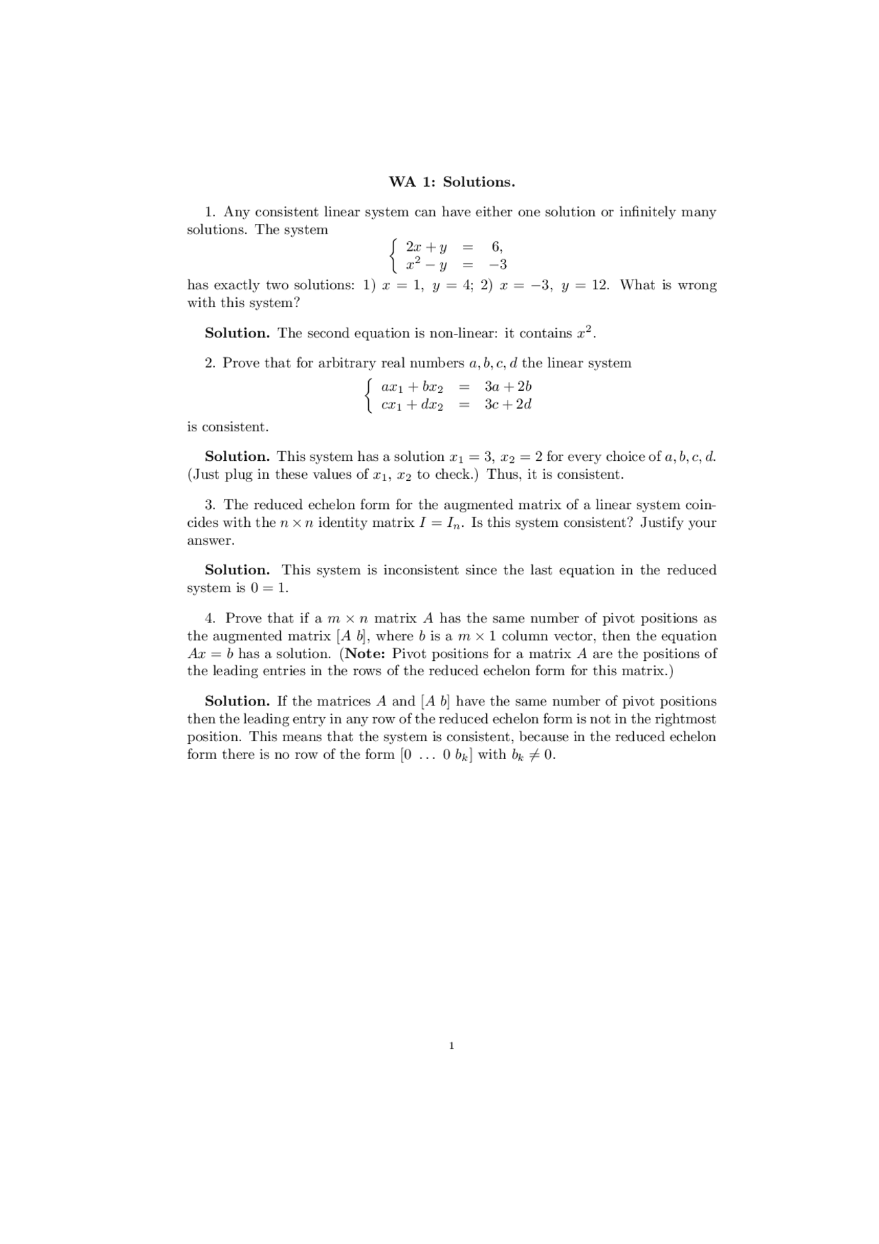 4 Questions on Linear Algebra with Solution - Assignment 1 | MATH 201 |  Assignments Linear Algebra - Docsity