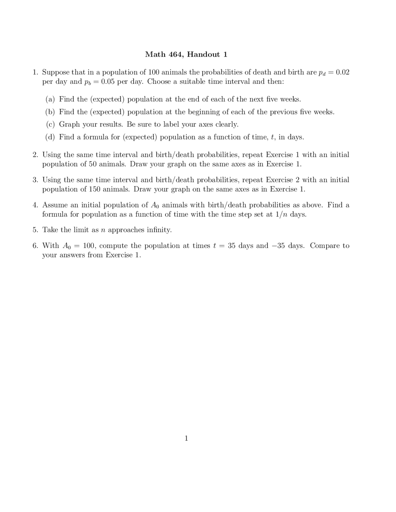 Practice Problem on Mathematical Modeling - Handout 1 | MATH 464 ...